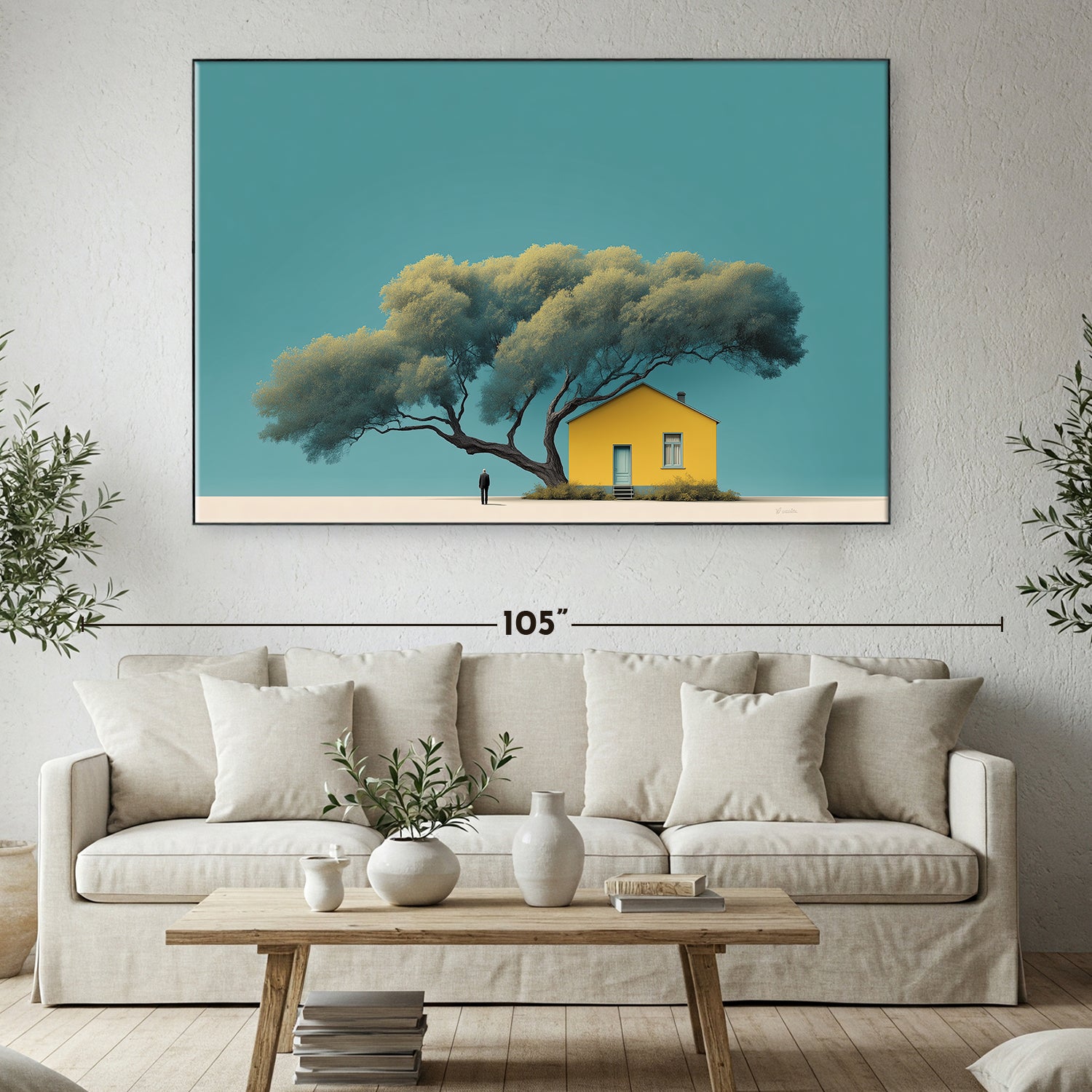 Tree and Yellow House Canvas Minimalist Wall Art