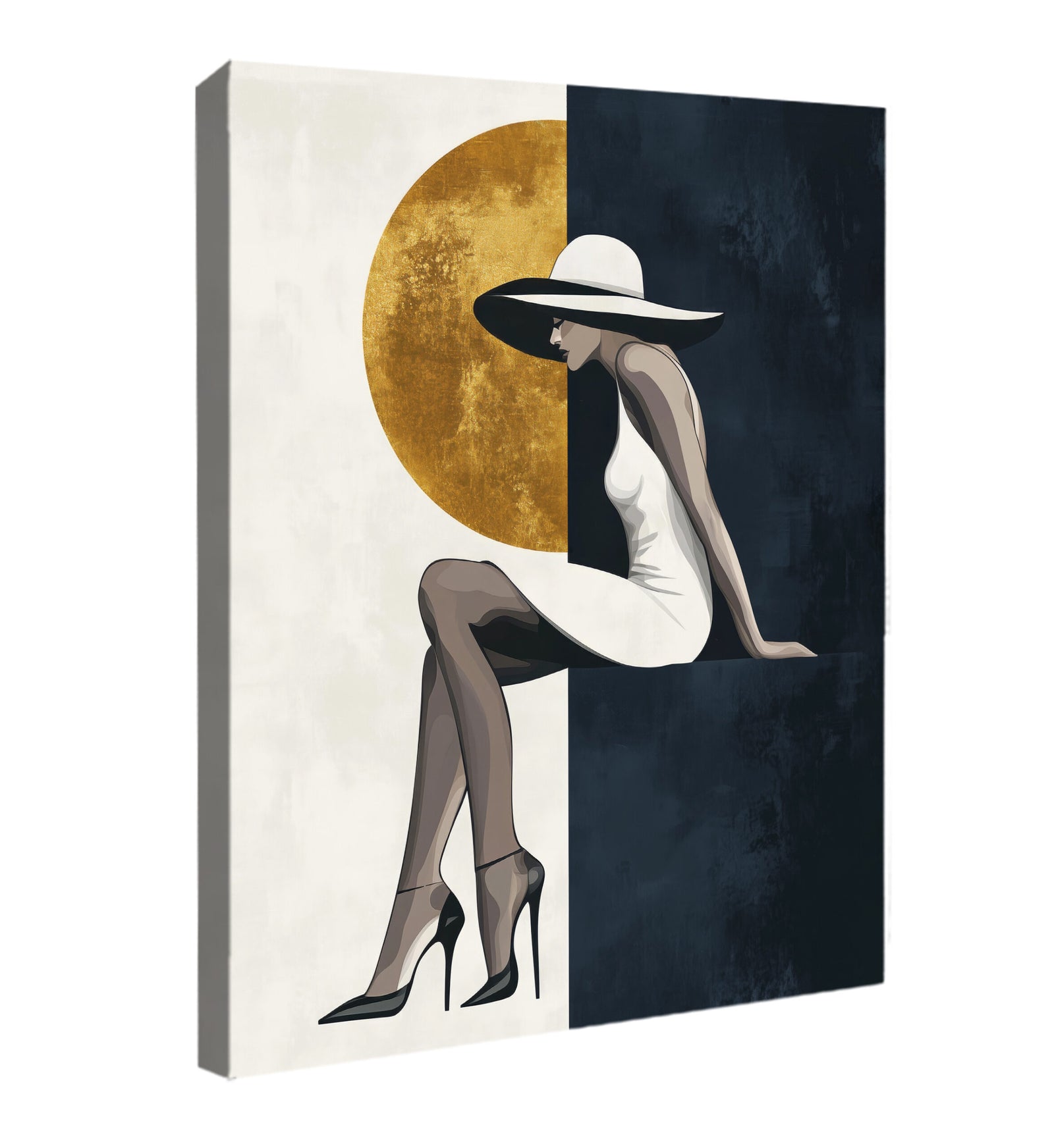 Modern Minimalist Woman and Gold Moon Wall Art Canvas