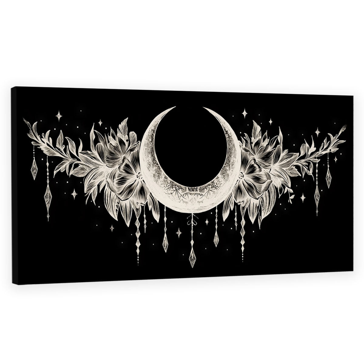 Crescent Moon and Floral Line Art Boho Canvas Wall Decor