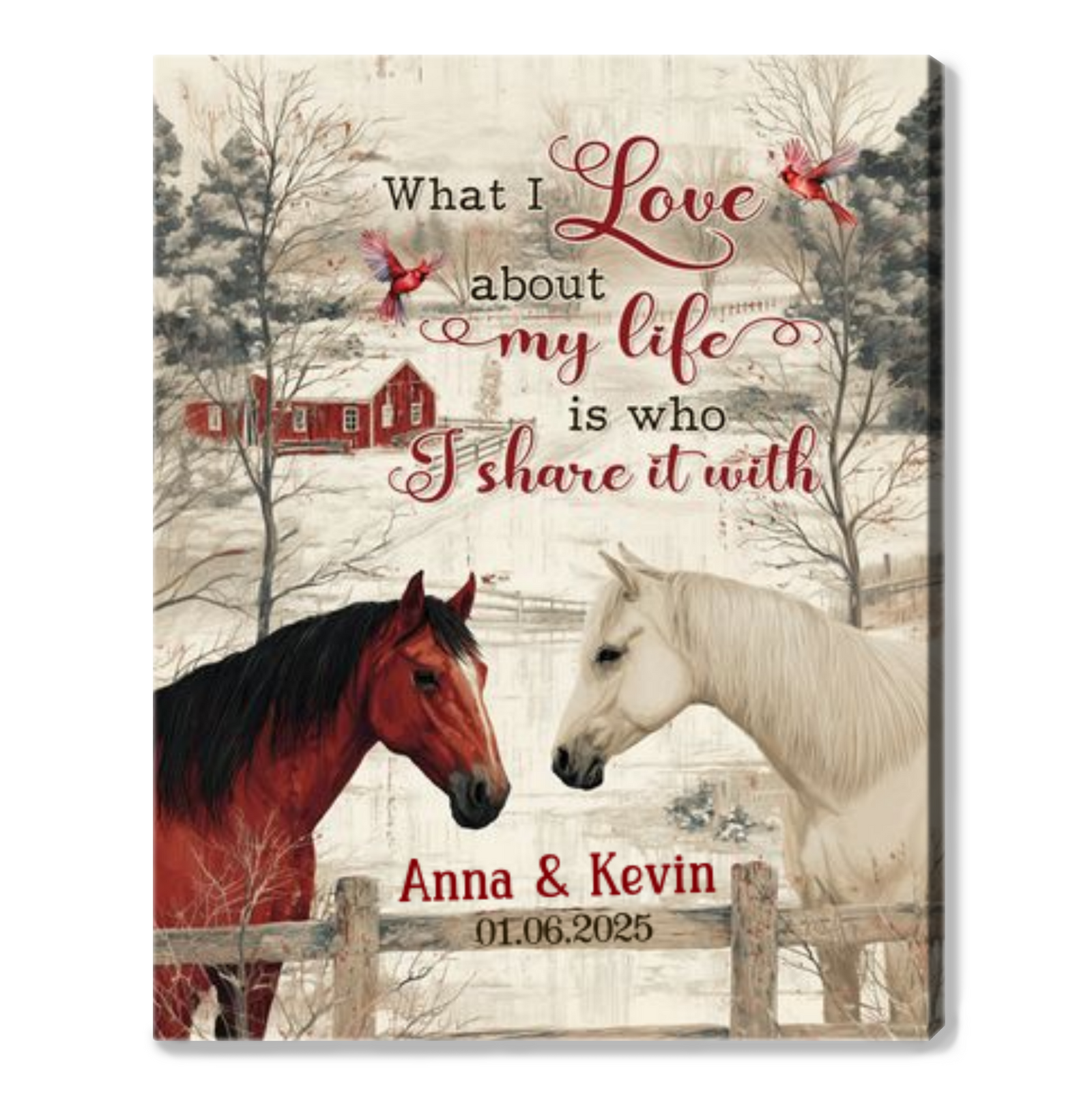 What I Love About My Life – Personalized Couple Horse Winter Scene Canvas Wall Art