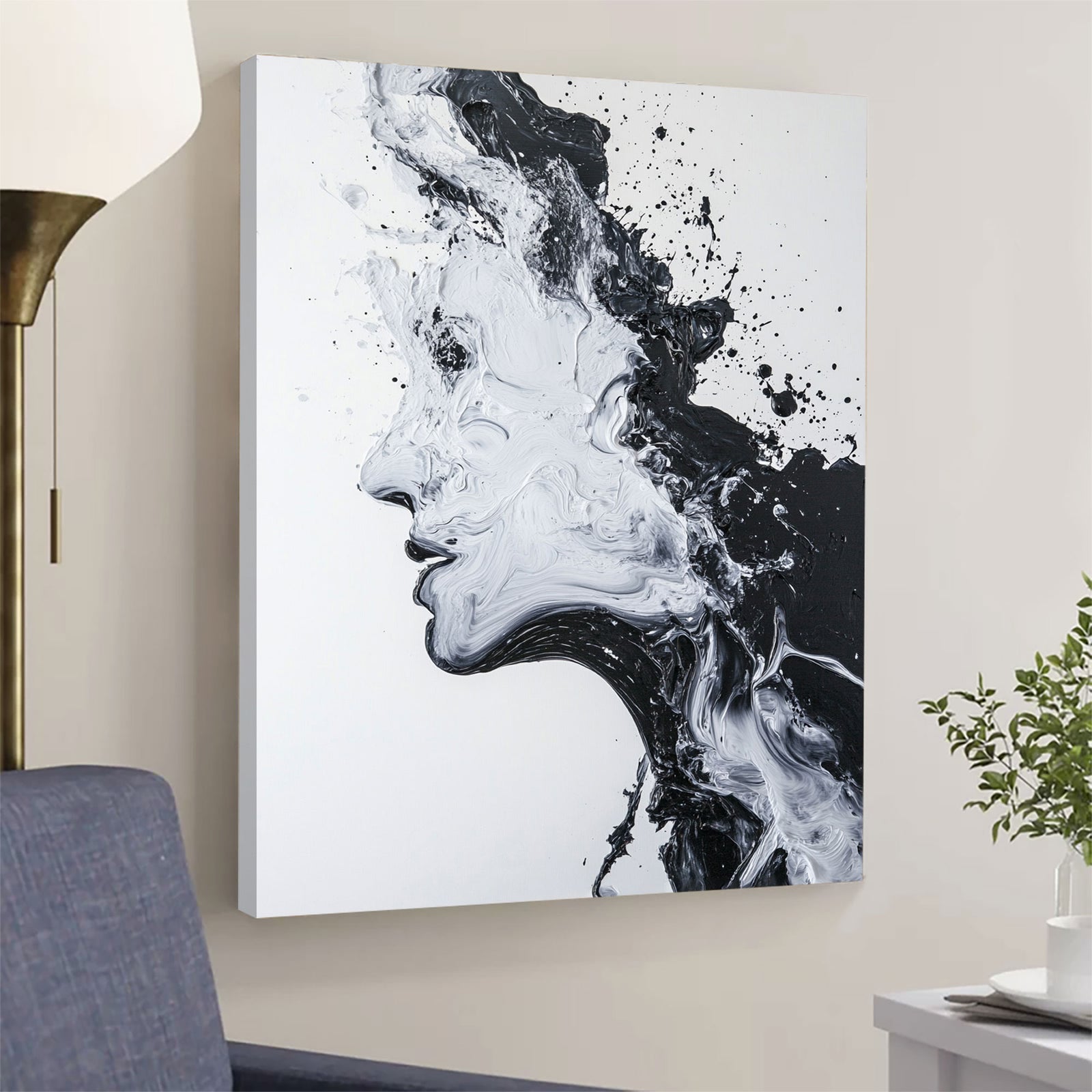 Black And White Abstract Portrait Minimalist Oil Painting Wall Art