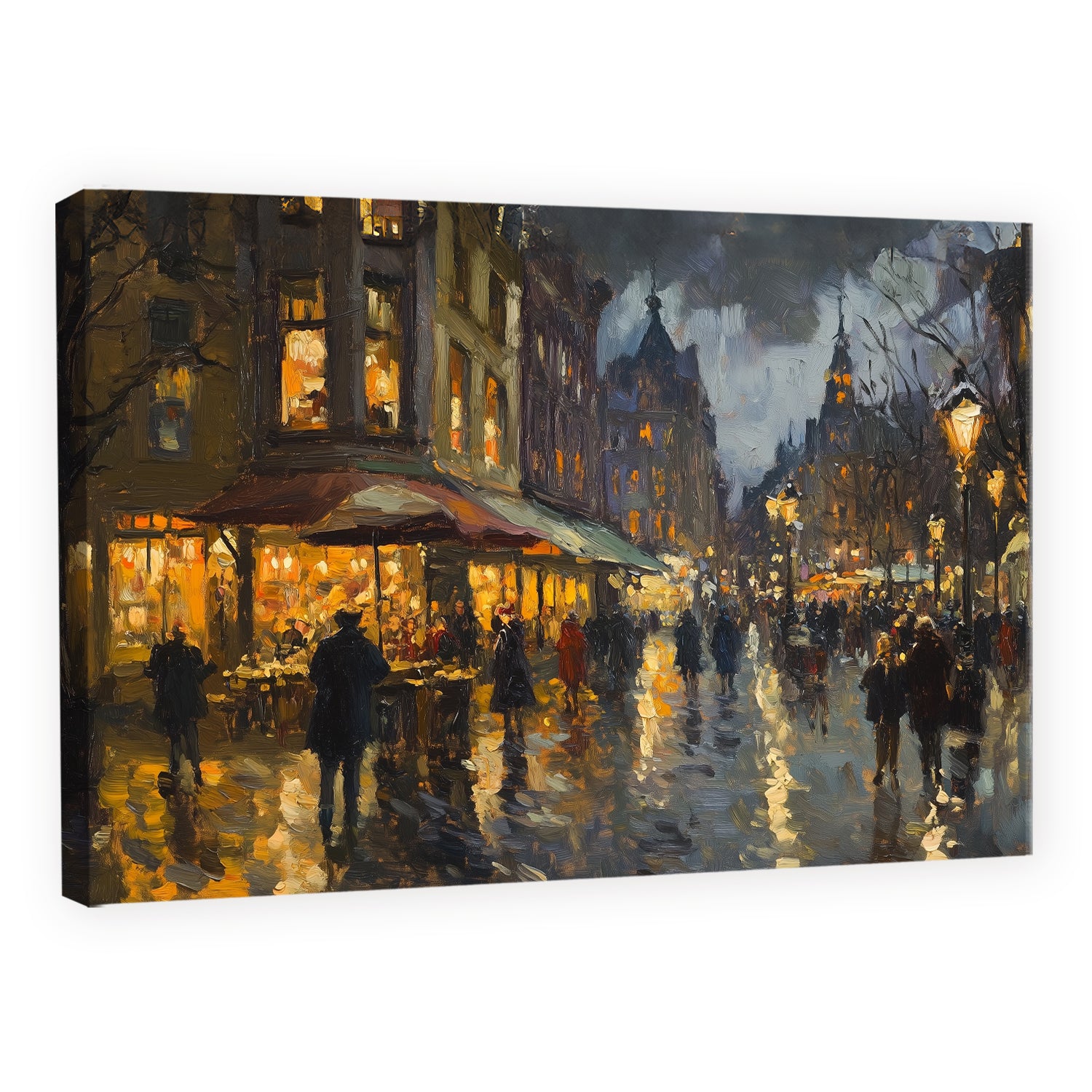 Oil street scene painting with glowing city lights