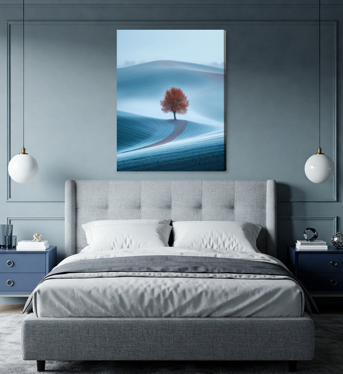 Boho Foggy Field Wall Art with High-Contrast Lone Tree