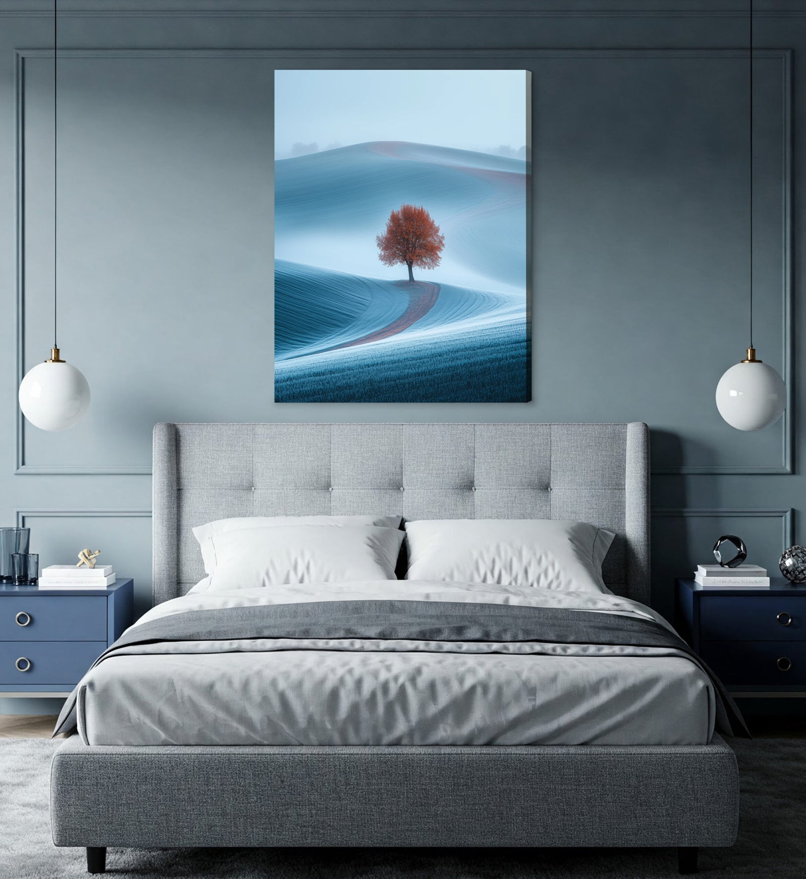 Boho Foggy Field Wall Art with High-Contrast Lone Tree
