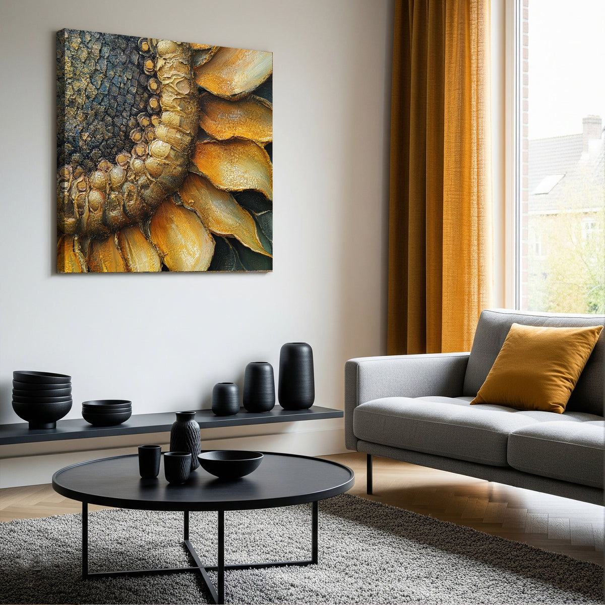 Close-up sunflower canvas print with oil-style texture