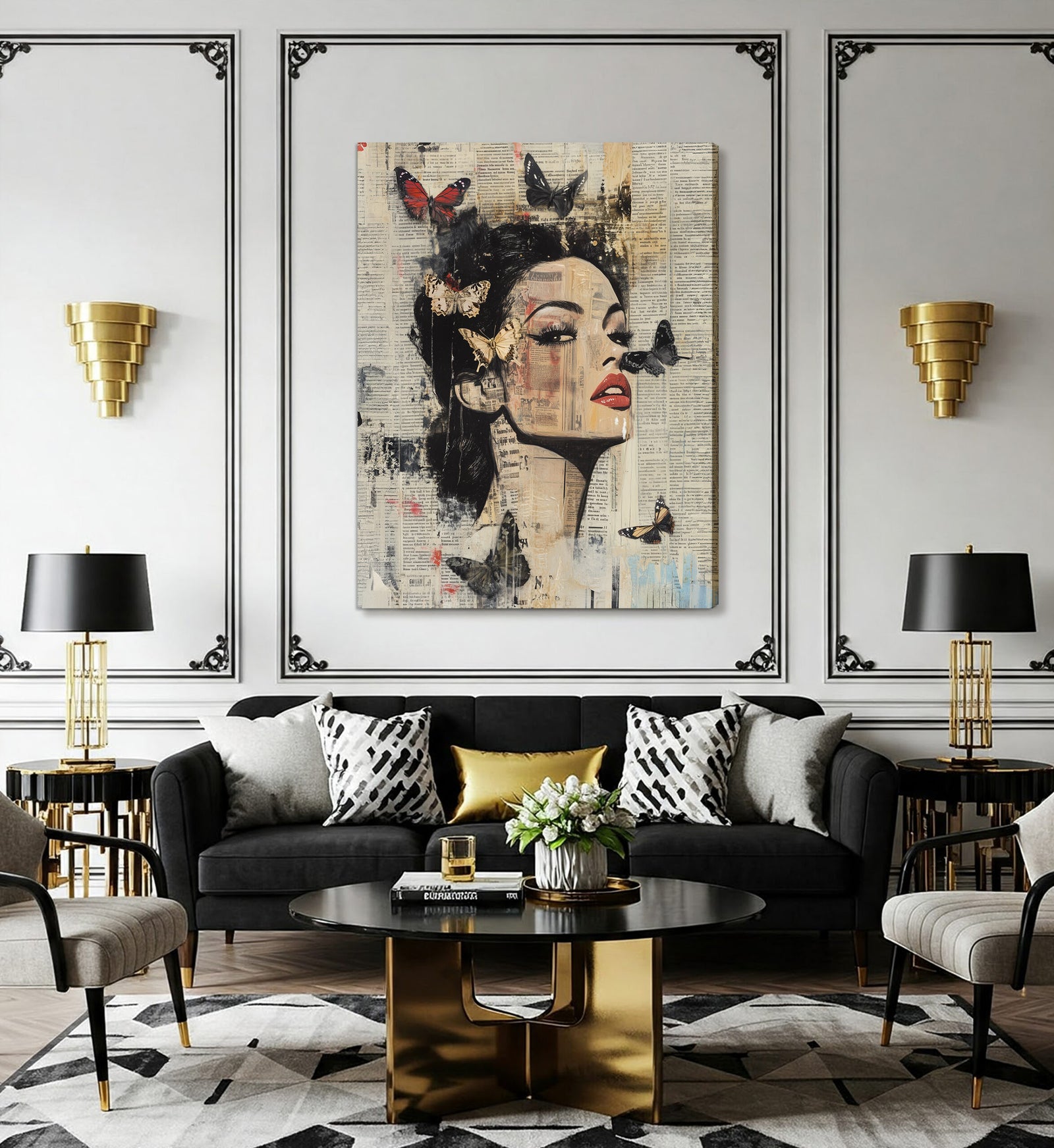 Vintage Butterfly Collage Female Portrait Canvas Art