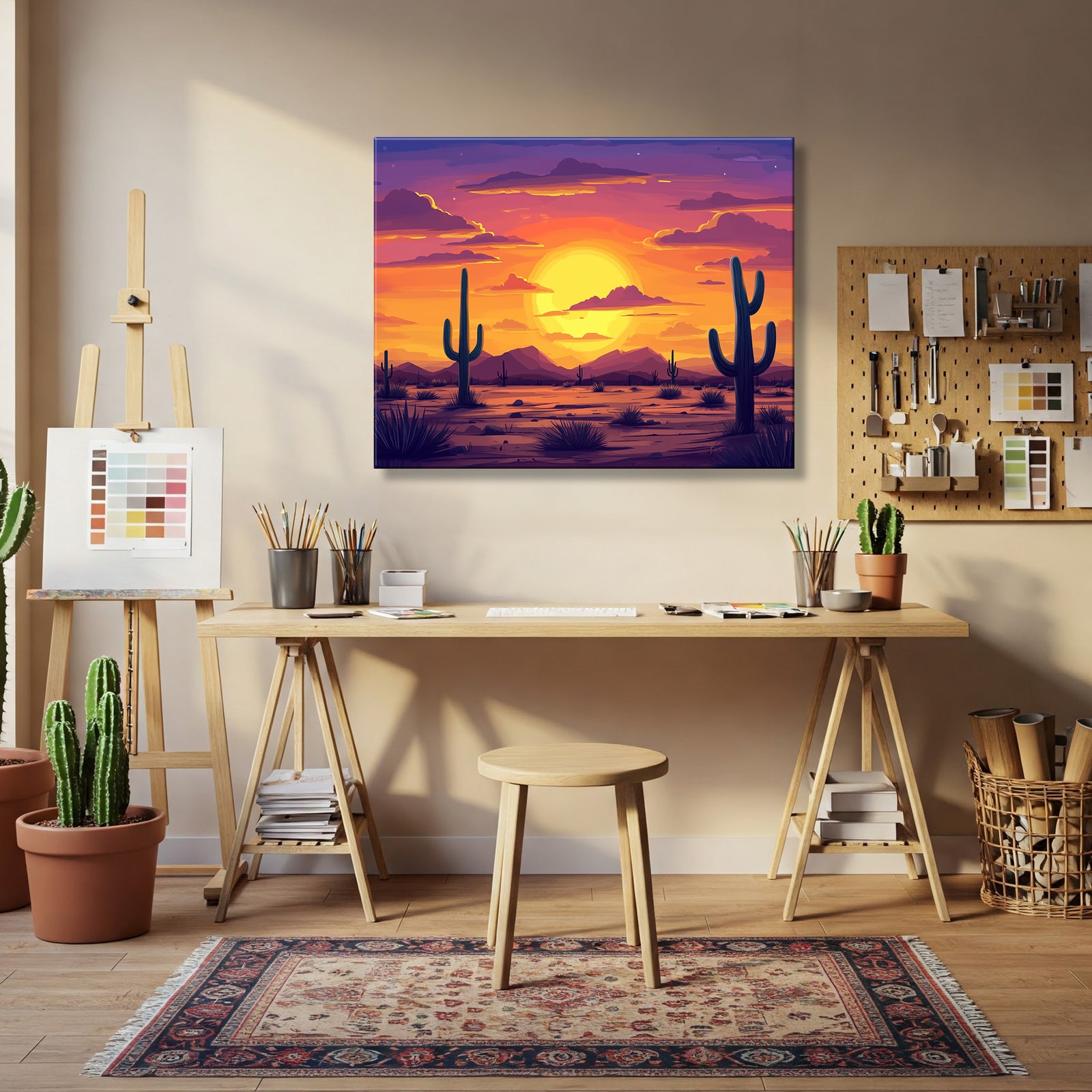 Boho Cactus Sunset Canvas Art for Desert Wall Decor