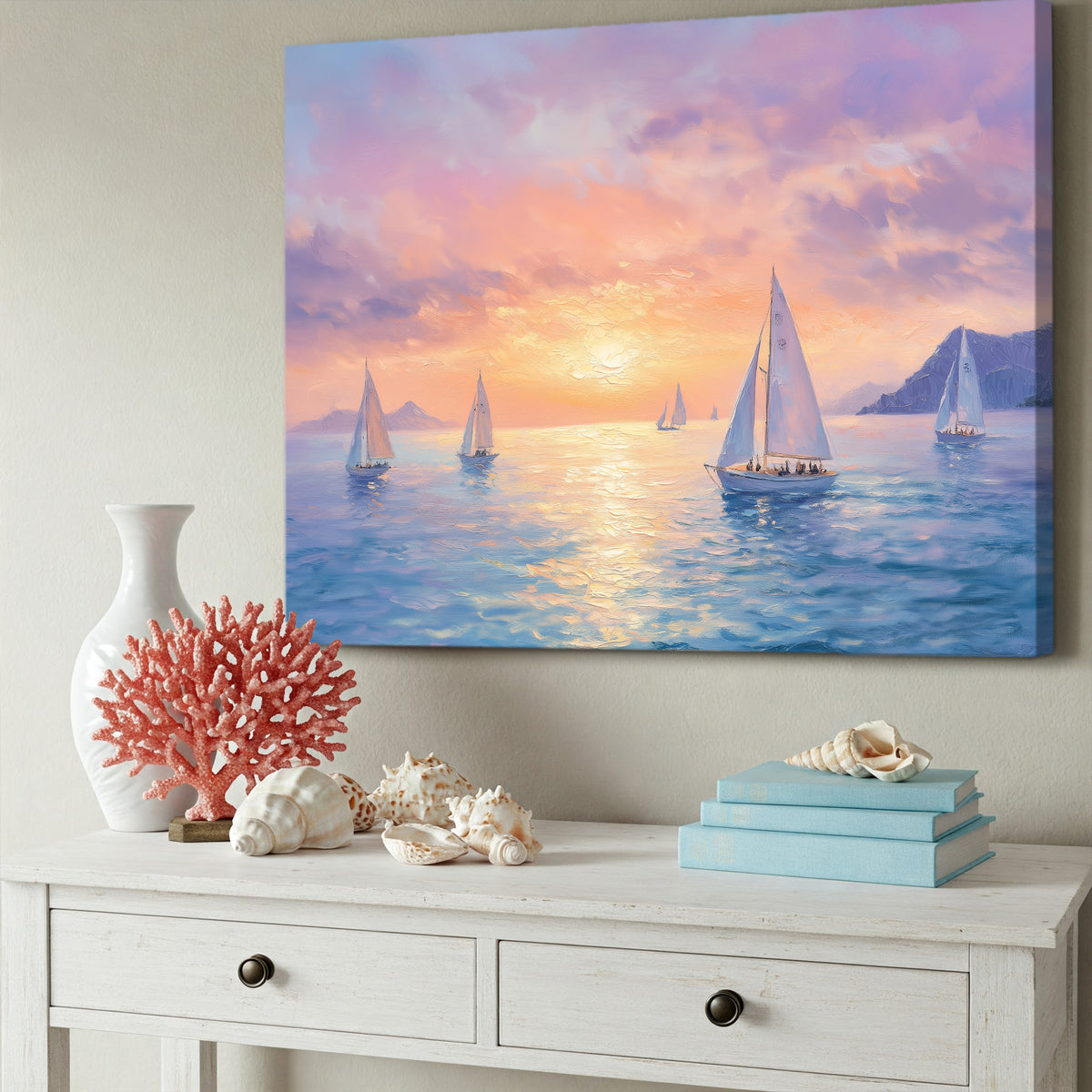 Sailboats Floating on Vast Sea fineart Canvas Print