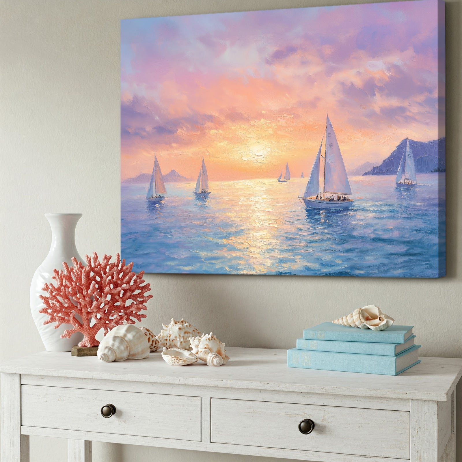 Sailboats Floating on Vast Sea fineart Canvas Print