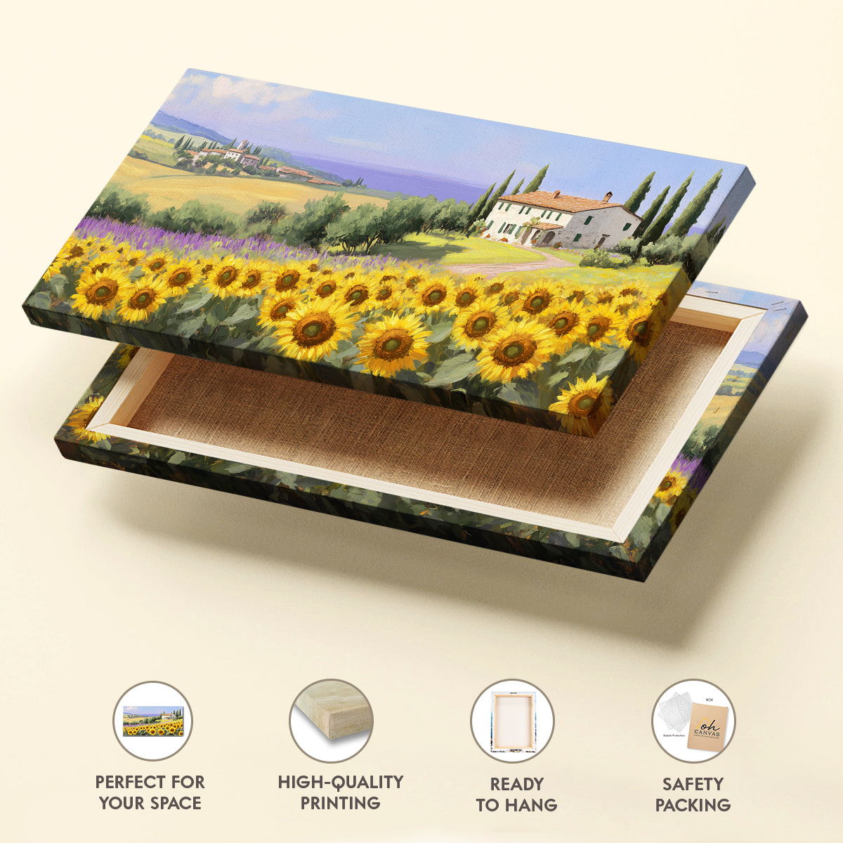 Sunflower Field in Tuscany Vintage Oil Print Canvas Wall Art