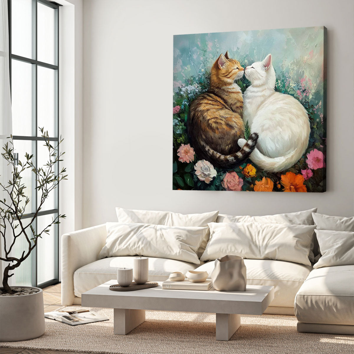 Romantic Cat Duo in Floral Garden – Oil Canvas Wall Art
