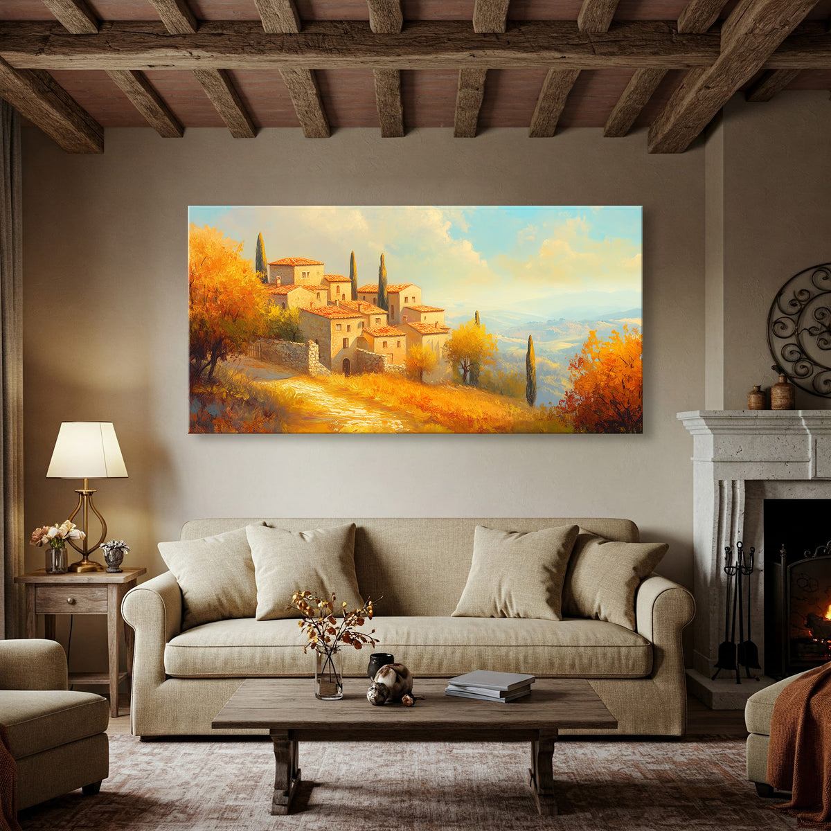 Panoramic Stone Village Scene Canvas in Rustic Boho Style