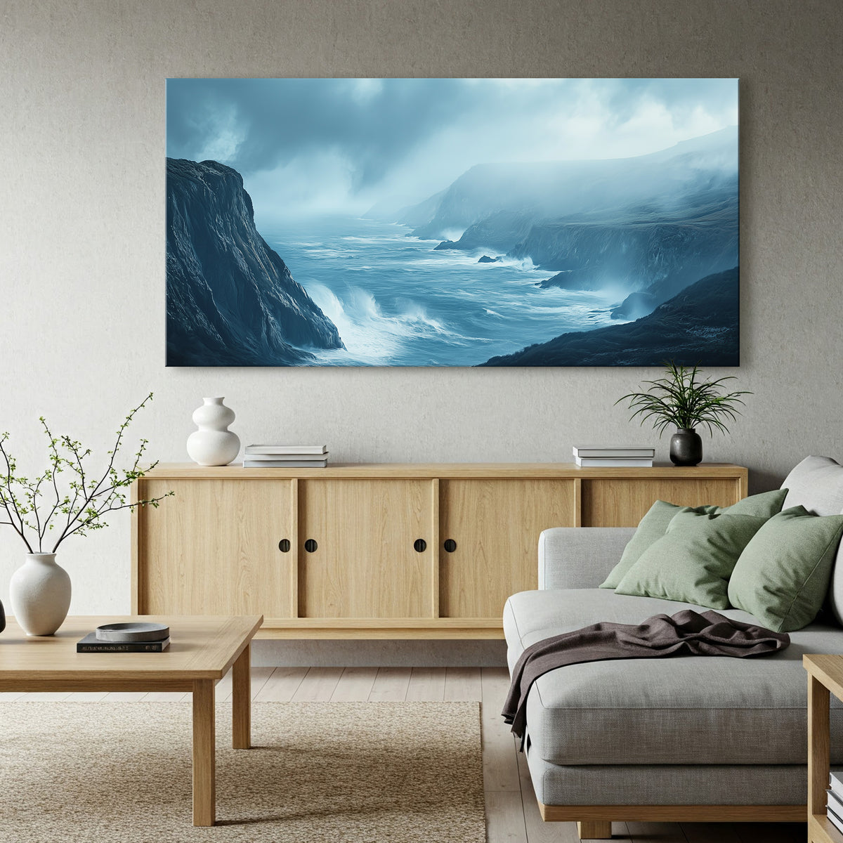 Coastal Cliffside and Waves Canvas in Earthy Tones