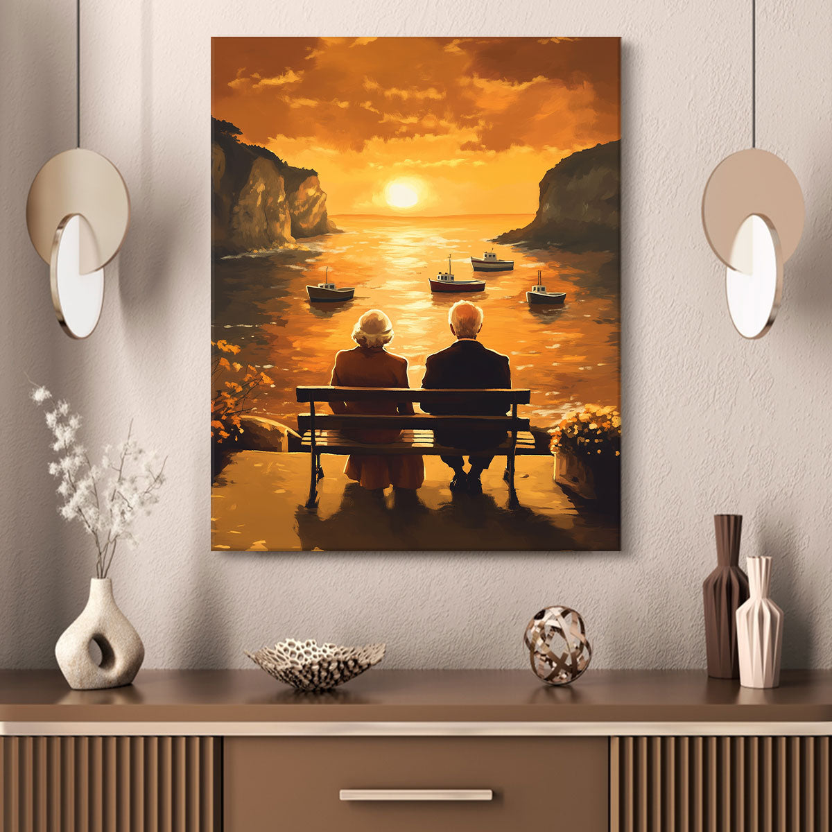 Elderly Couple By The Sea Vintage Artwork
