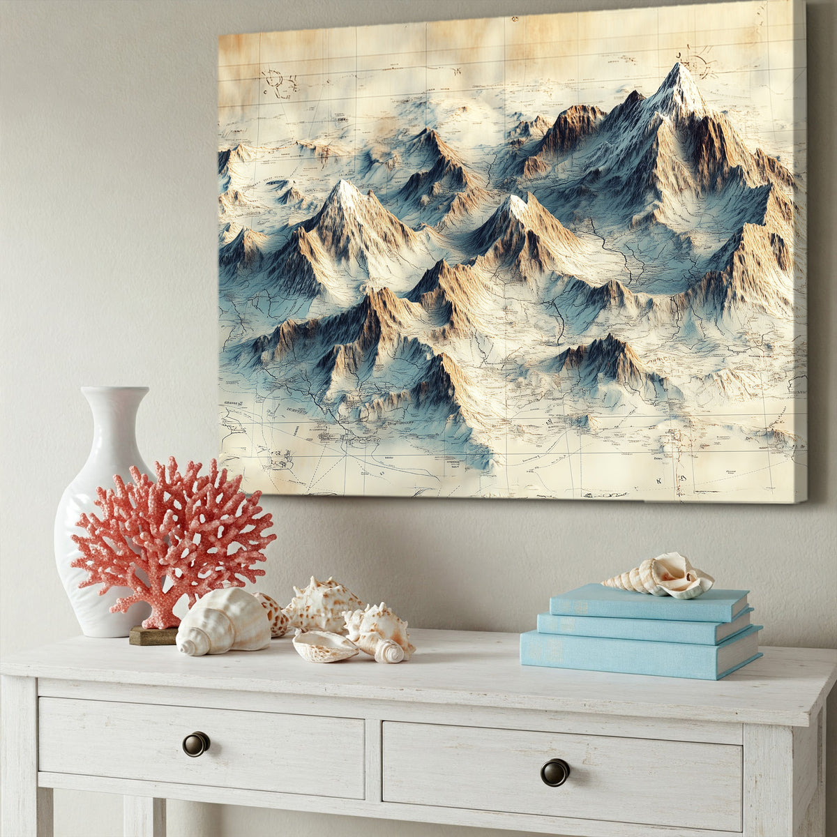 Antique Map Style Mountain Range Illustration Canvas Wall Art