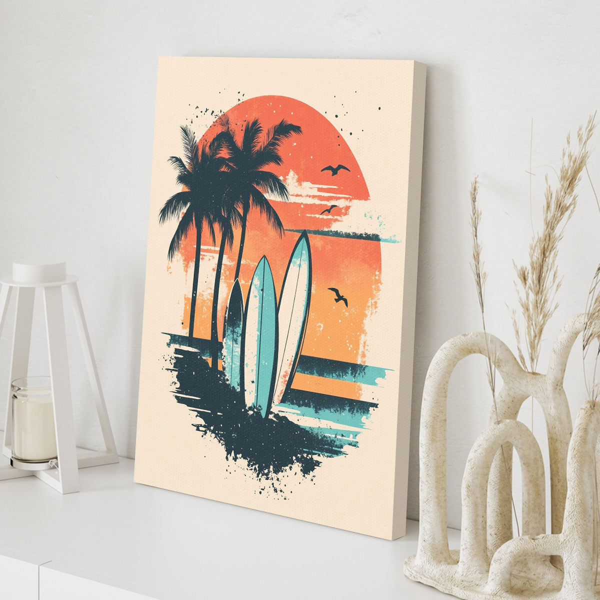 Vintage Surfboards and Palm Trees Retro Canvas Wall Art