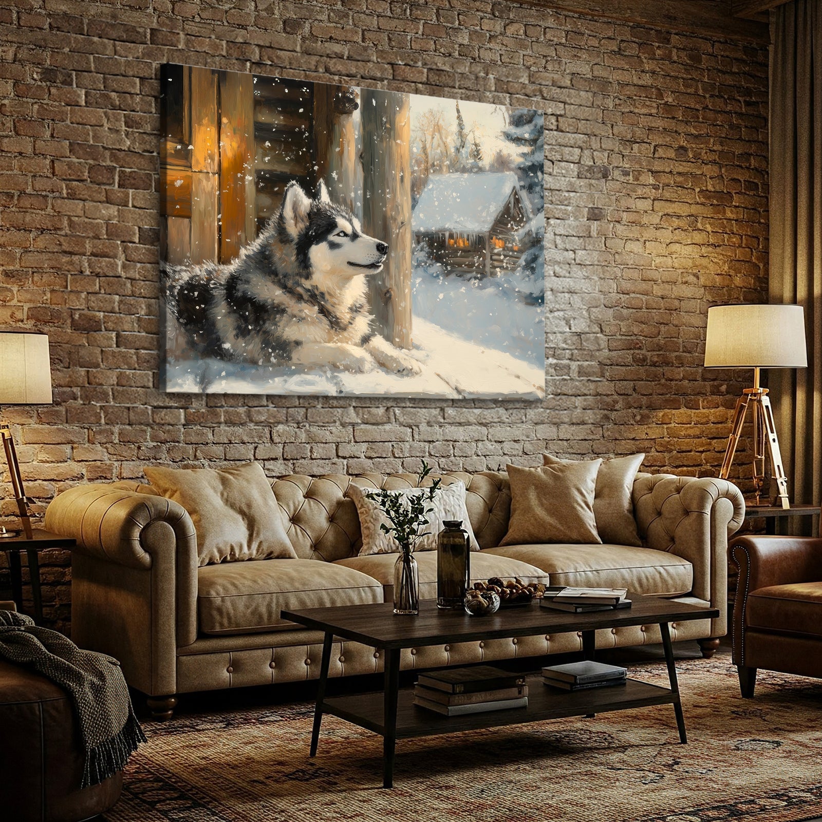 Cozy Alaskan Malamute Winter Oil Painting Canvas