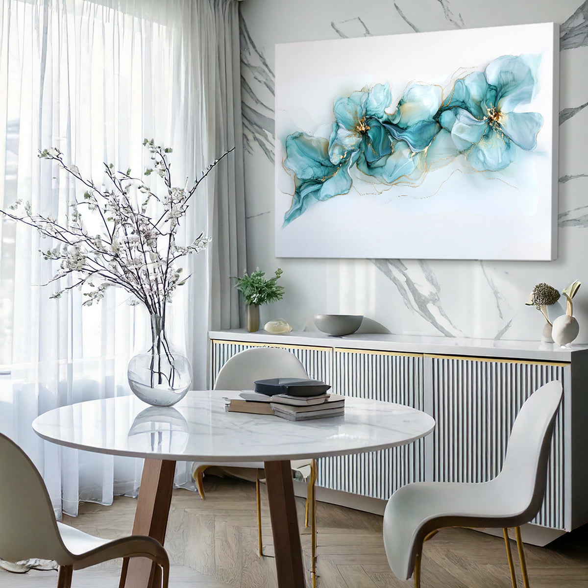 Turquoise Floral Abstract Alcohol Ink Canvas Wall Art