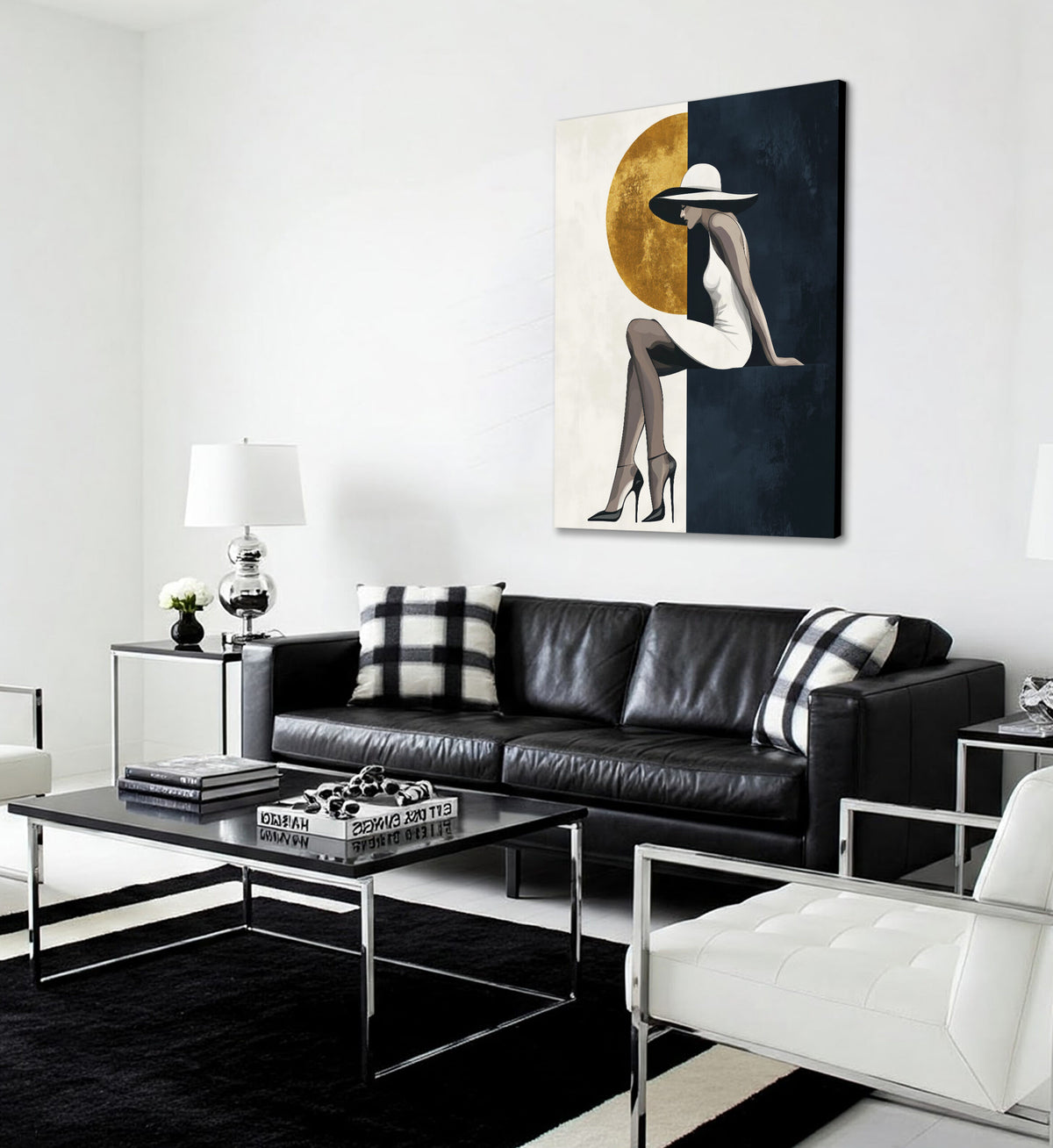 Modern Minimalist Woman and Gold Moon Wall Art Canvas