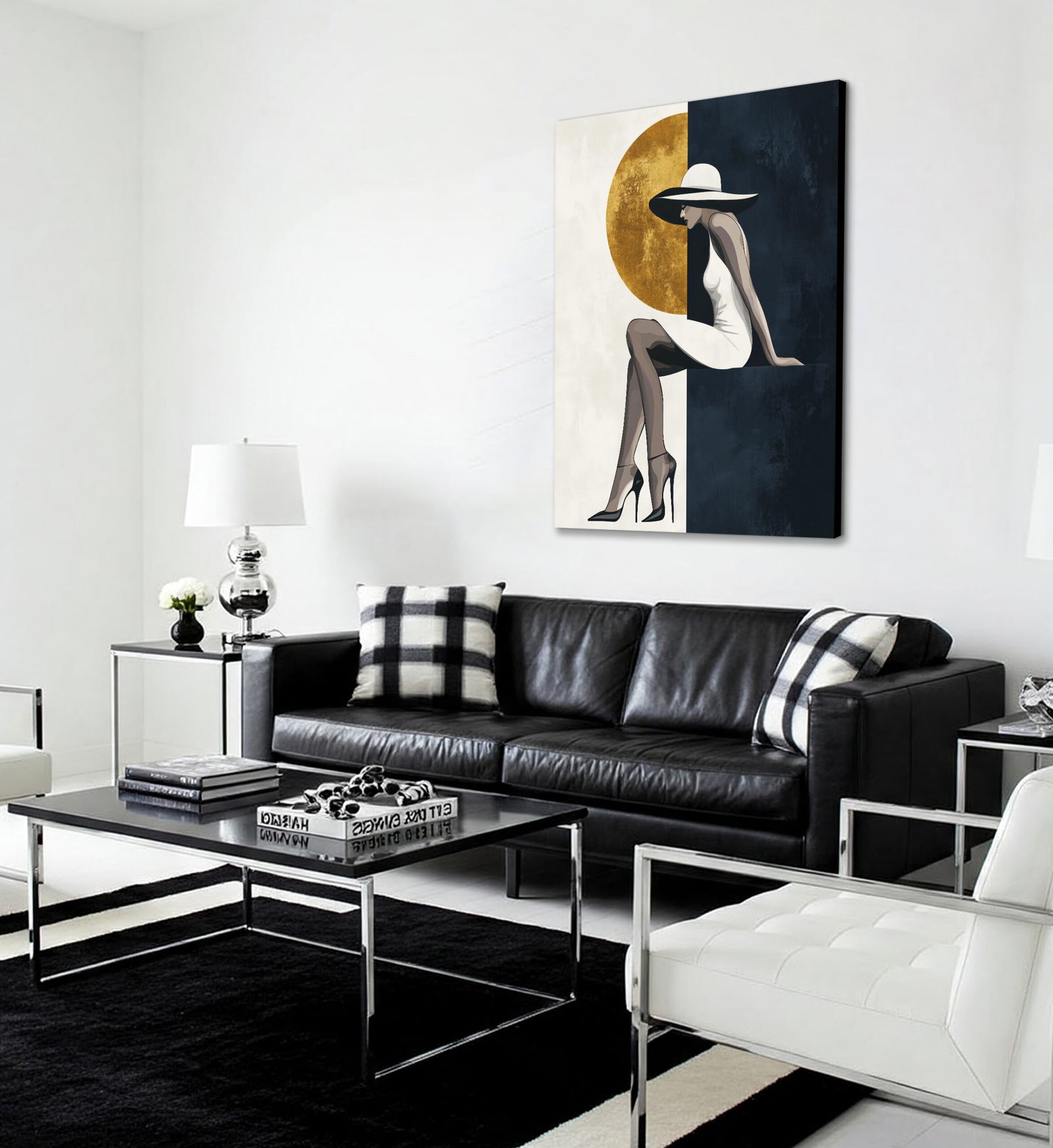 Modern Minimalist Woman and Gold Moon Wall Art Canvas