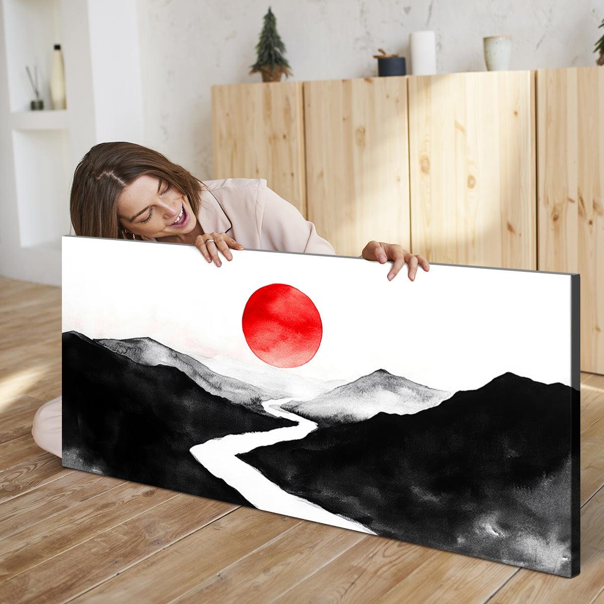 Crimson Horizon Abstract Landscape Canvas Print for Living Room