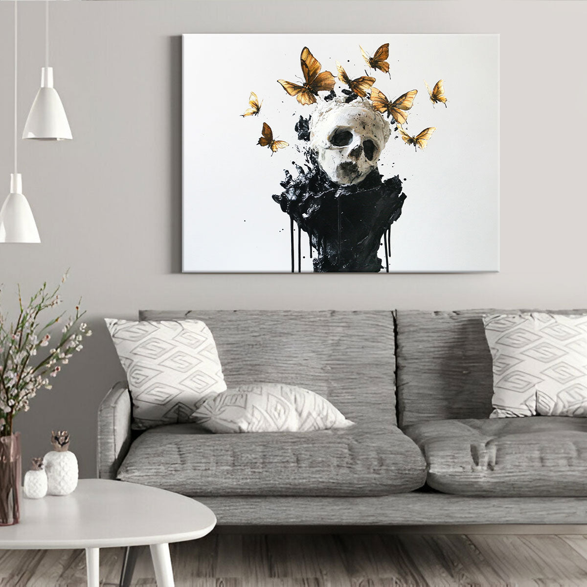 Butterflies Skull Sculpture Minimalist Watercolor Art Wall
