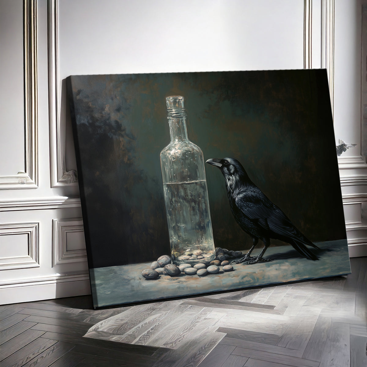 Black Raven and Glass Bottle Oil Painting Canvas Print