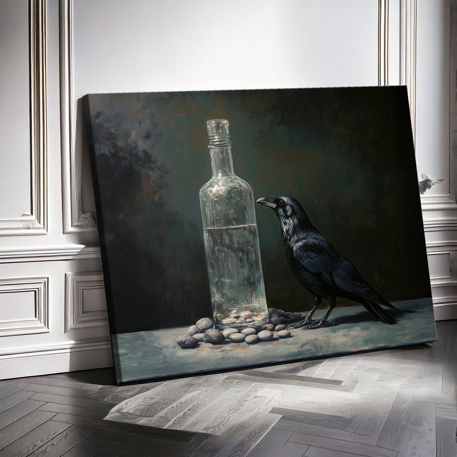 Black Raven and Glass Bottle Oil Painting Canvas Print