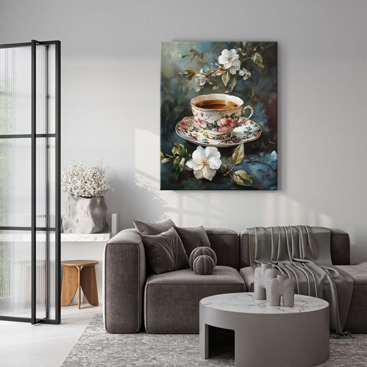 Vintage Floral Teacup Oil Painting Canvas Wall Art