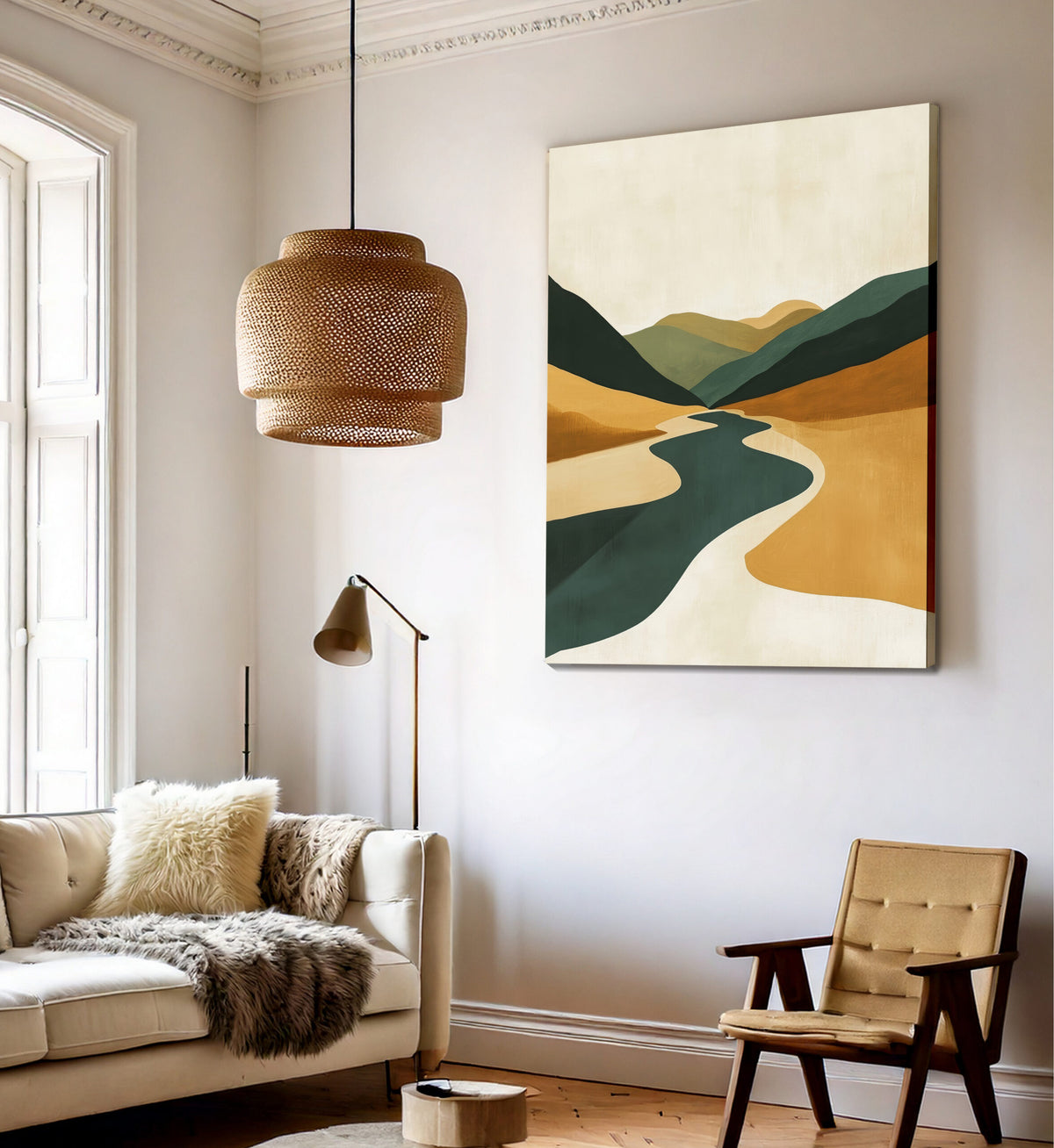 River Through Golden Valley Abstract Landscape Artwork