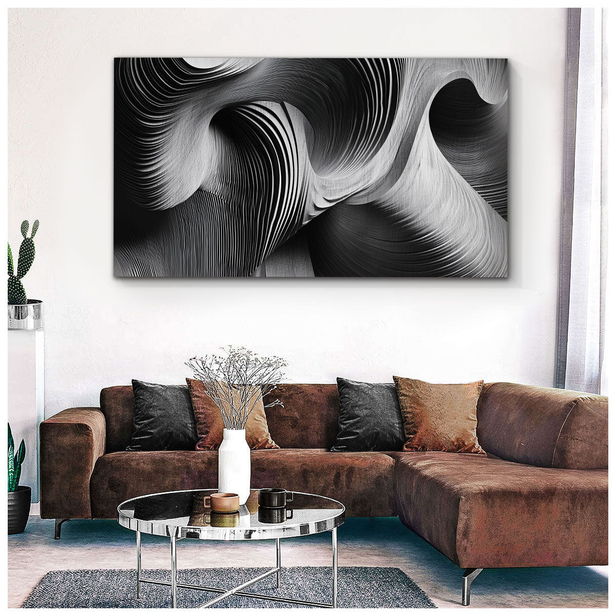 Waves Monochromatic Abstract Canvas Wall Art for Living Room