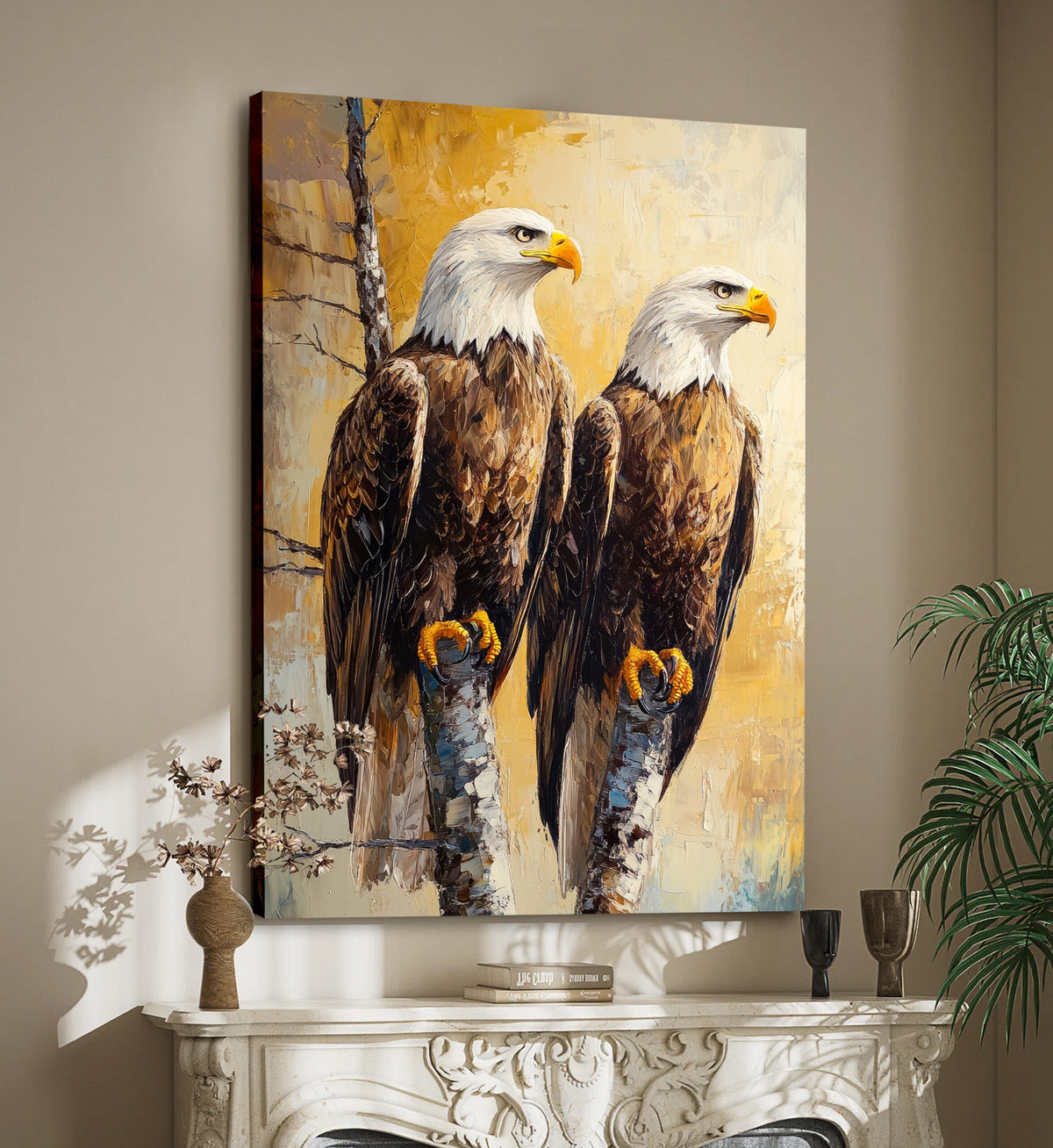 Rustic Bald Eagles Canvas Wall Art – Textured Impasto Oil Painting