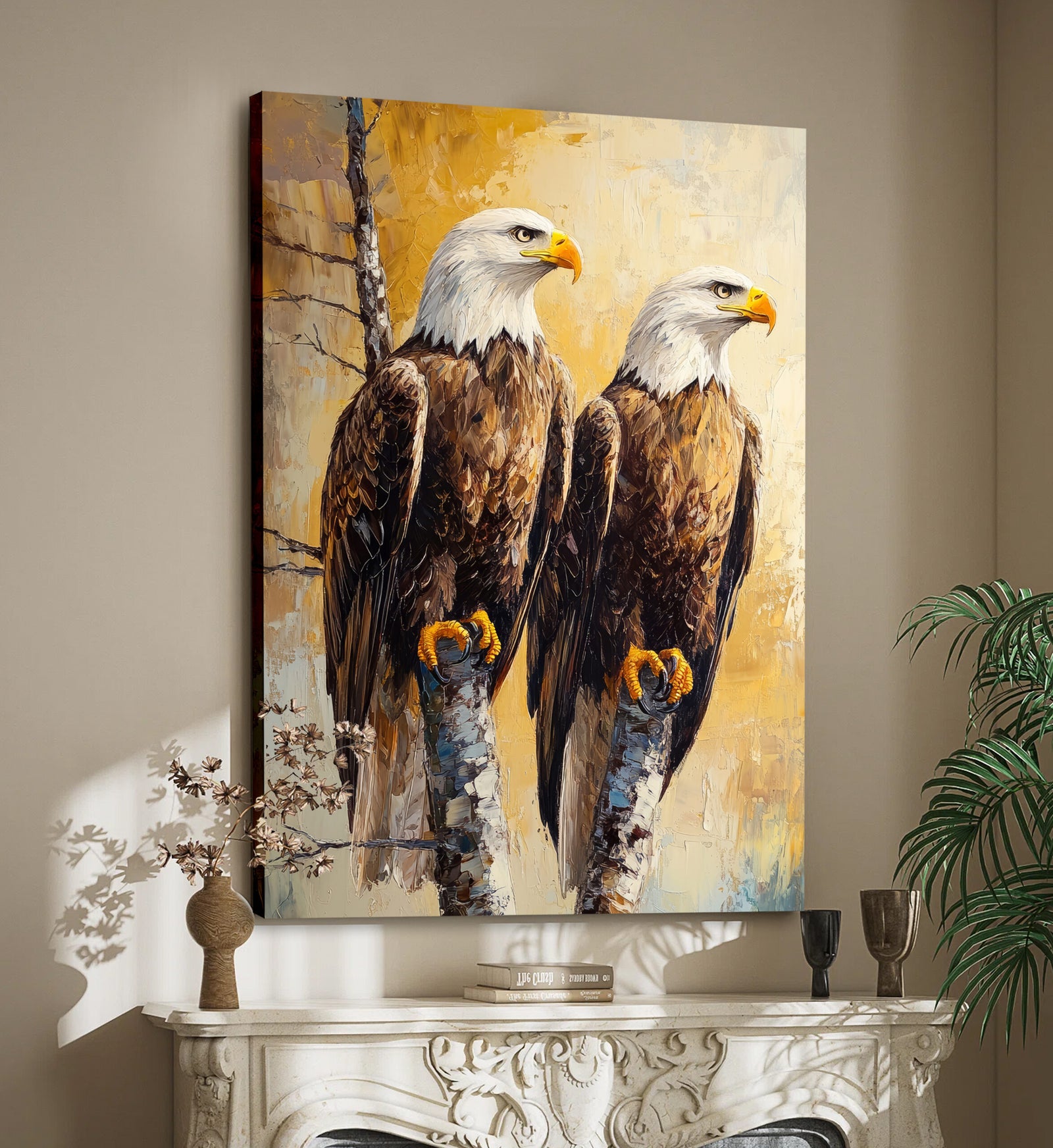 Rustic Bald Eagles Canvas Wall Art – Textured Impasto Oil Painting