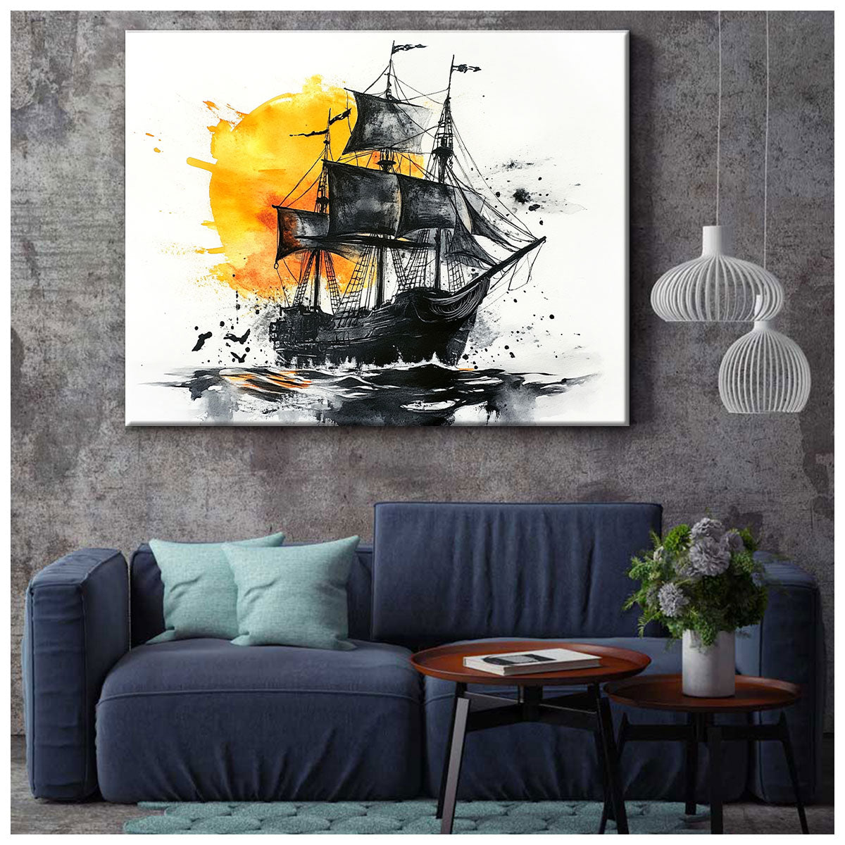 Sailing Black Pirate Ship Abstract Wall Art
