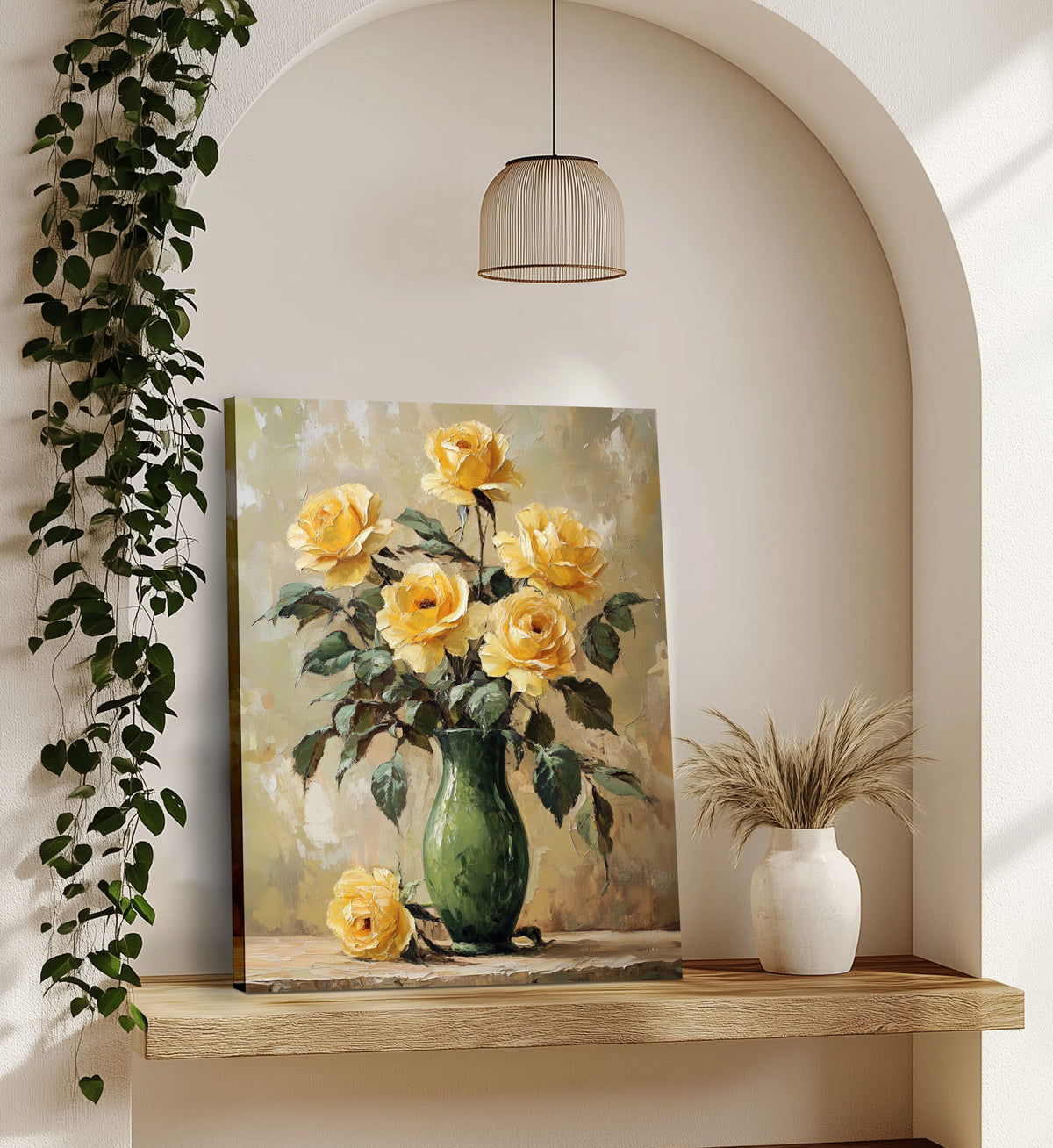 Yellow Roses in a Green Vase - Vintage Oil Painting Canvas Print