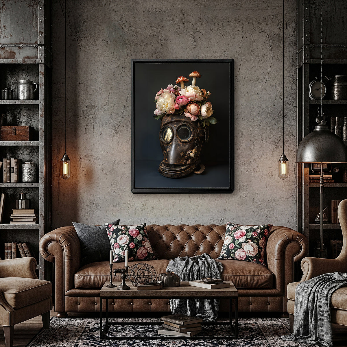 Blooming Flowers In Diving Helmet Vintage Canvas Art