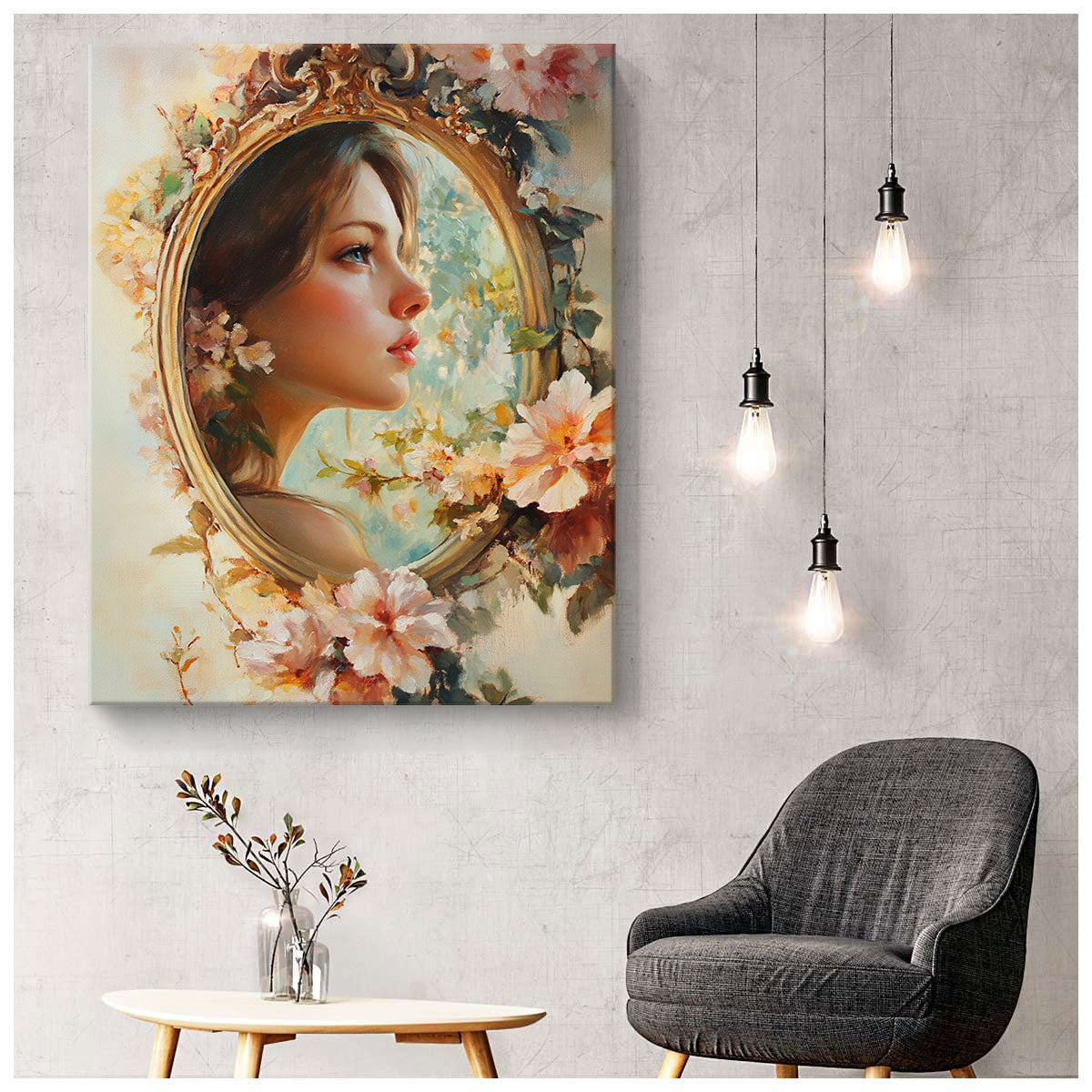 Beauty in the Mirror – Romantic Oil Painting Canvas Wall Art