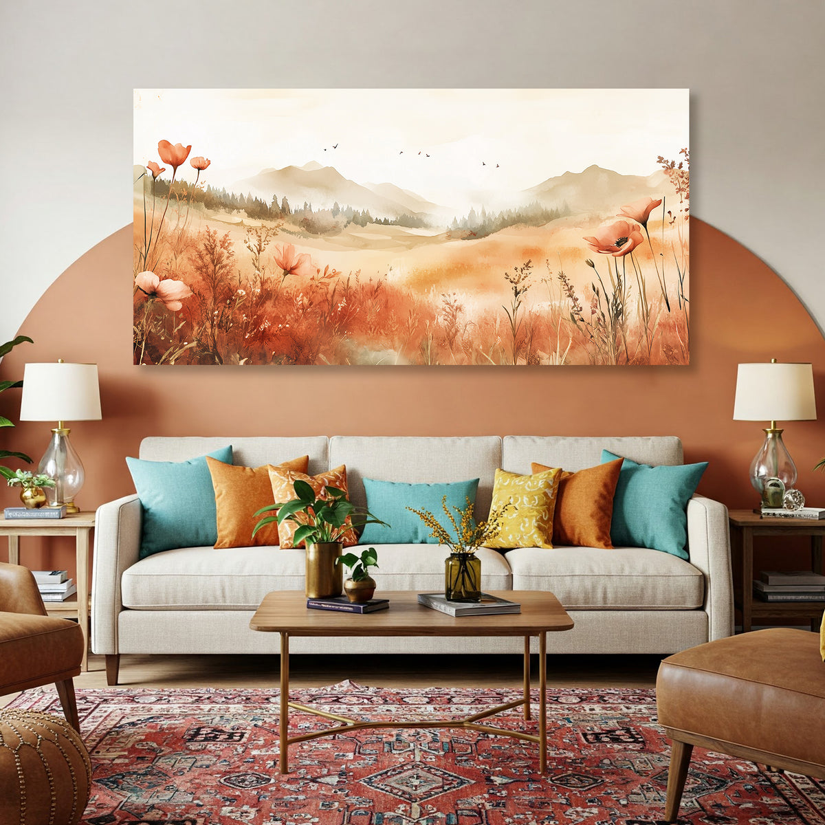 Boho Watercolor Floral Landscape Canvas Wall Art