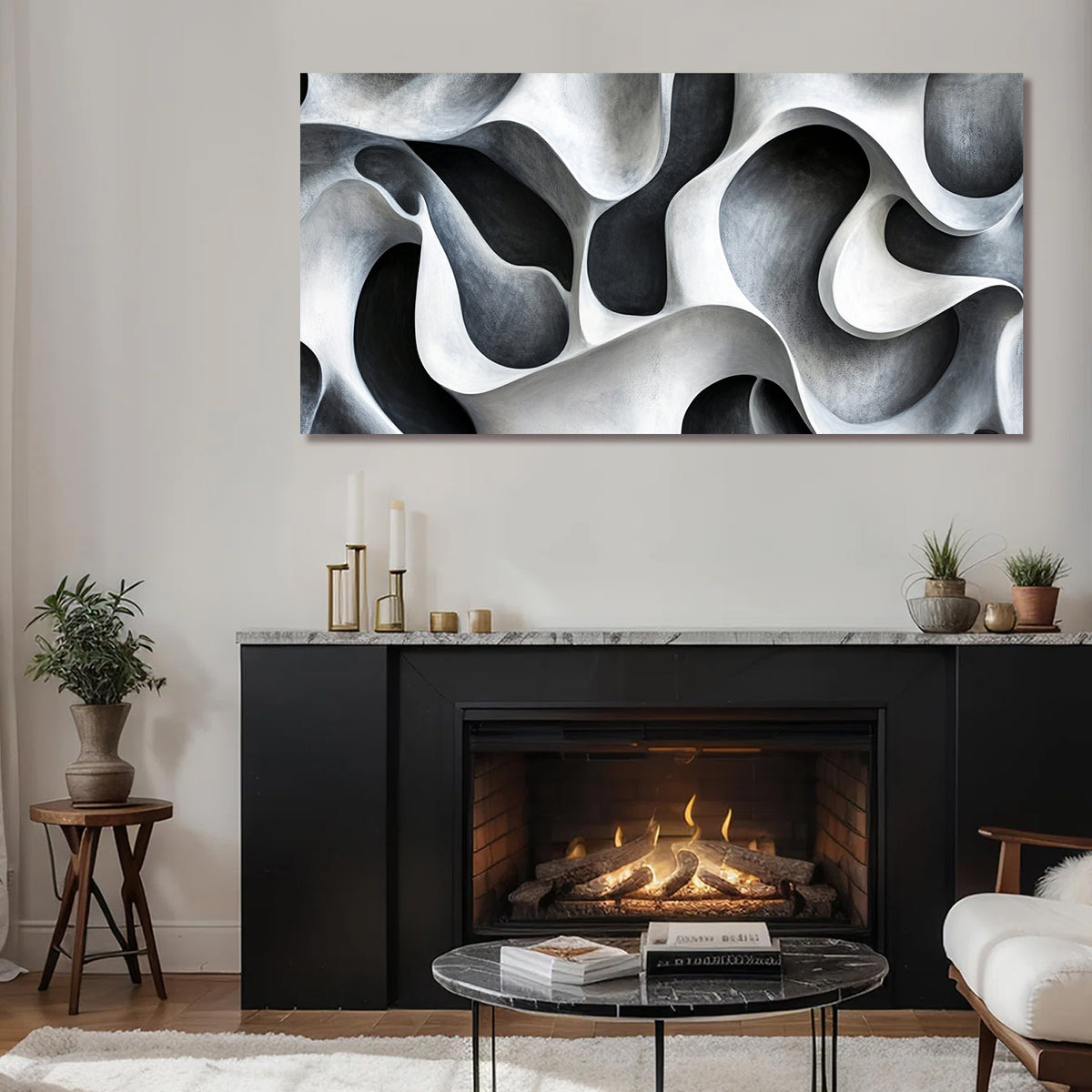 Fluid Forms Monochromatic Abstract Canvas Wall Art for Living Room