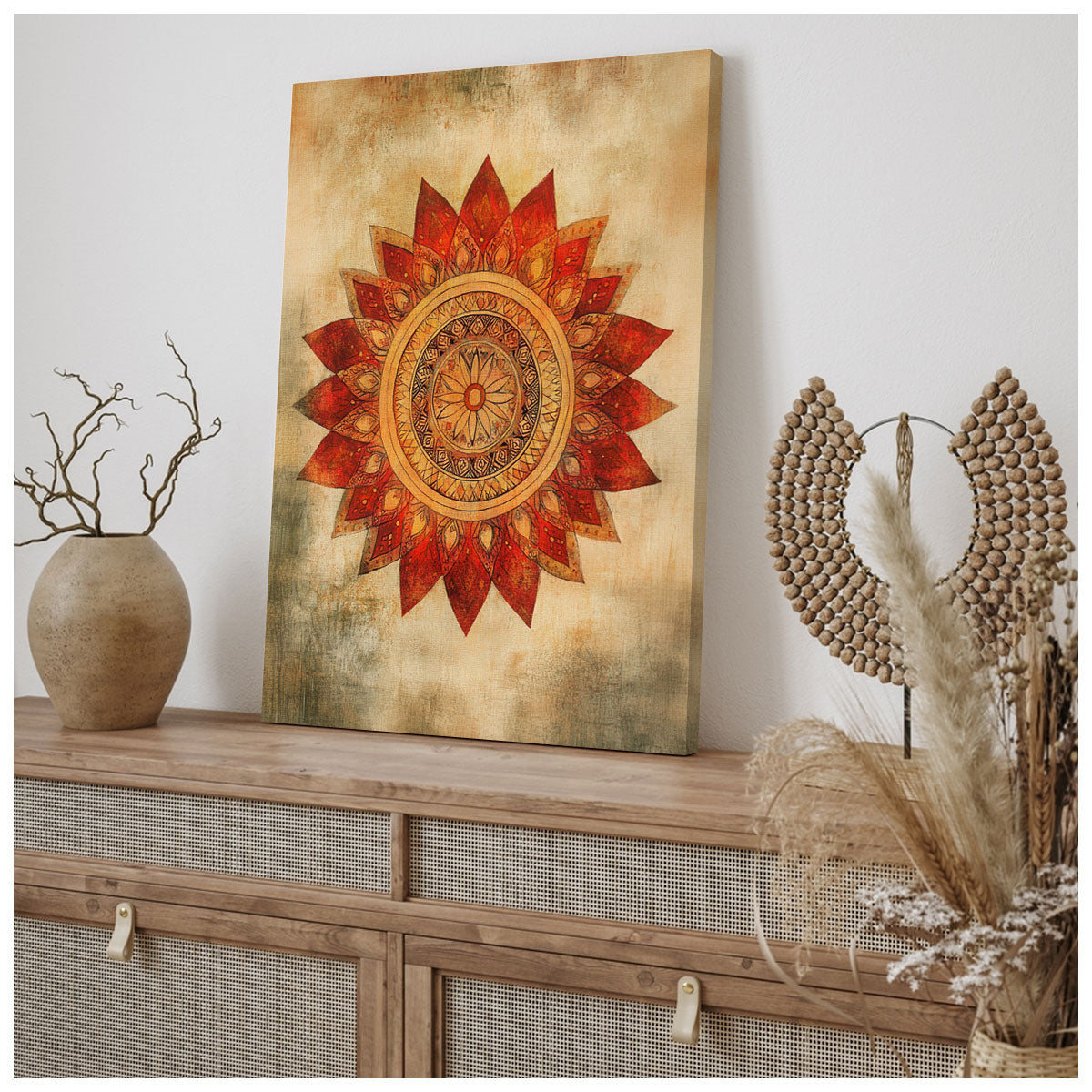 Boho Mandala Canvas Wall Art - Warm Tribal Sunflower Decor