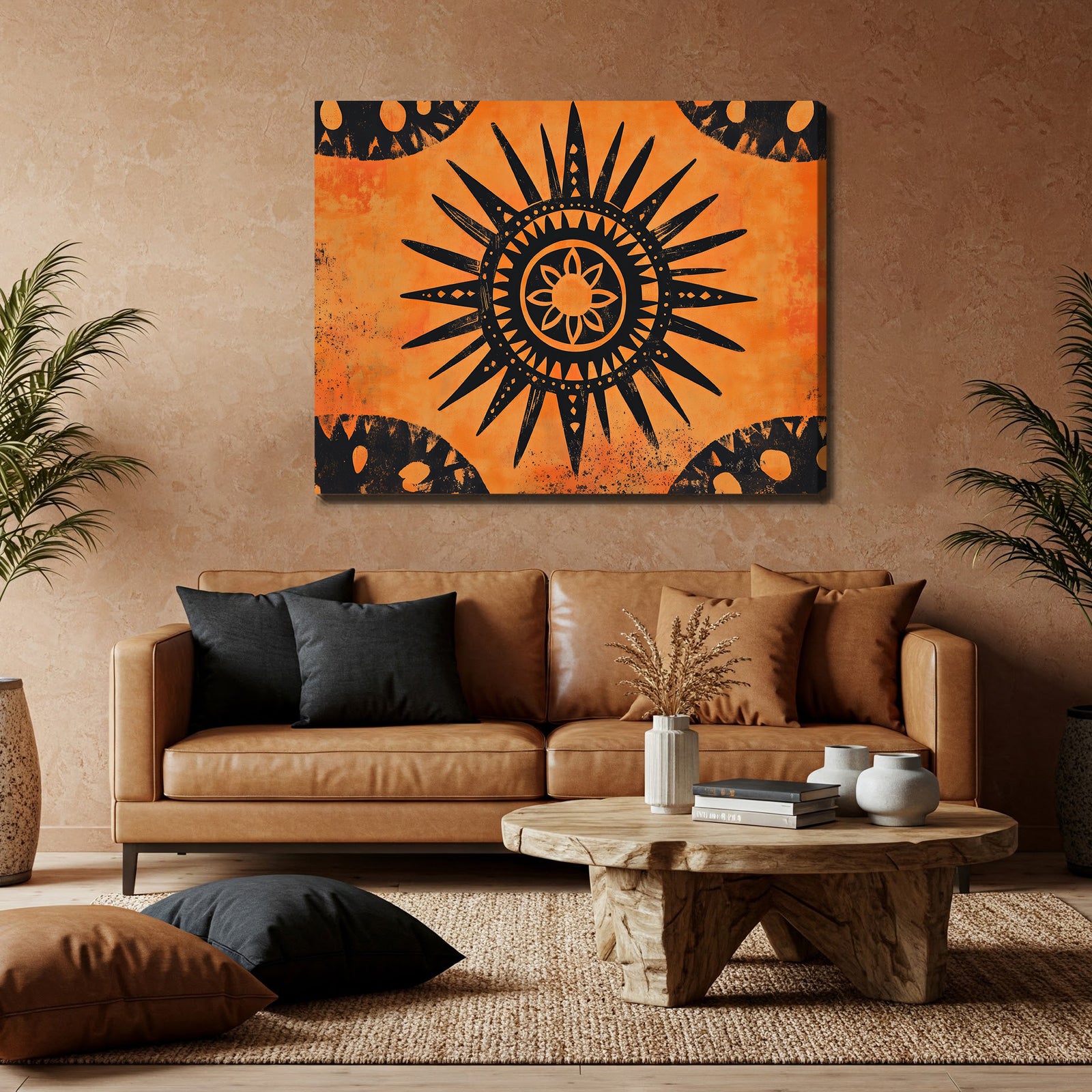 Tribal Sun Rustic Boho Wall Art Print – Terracotta Concentric Design