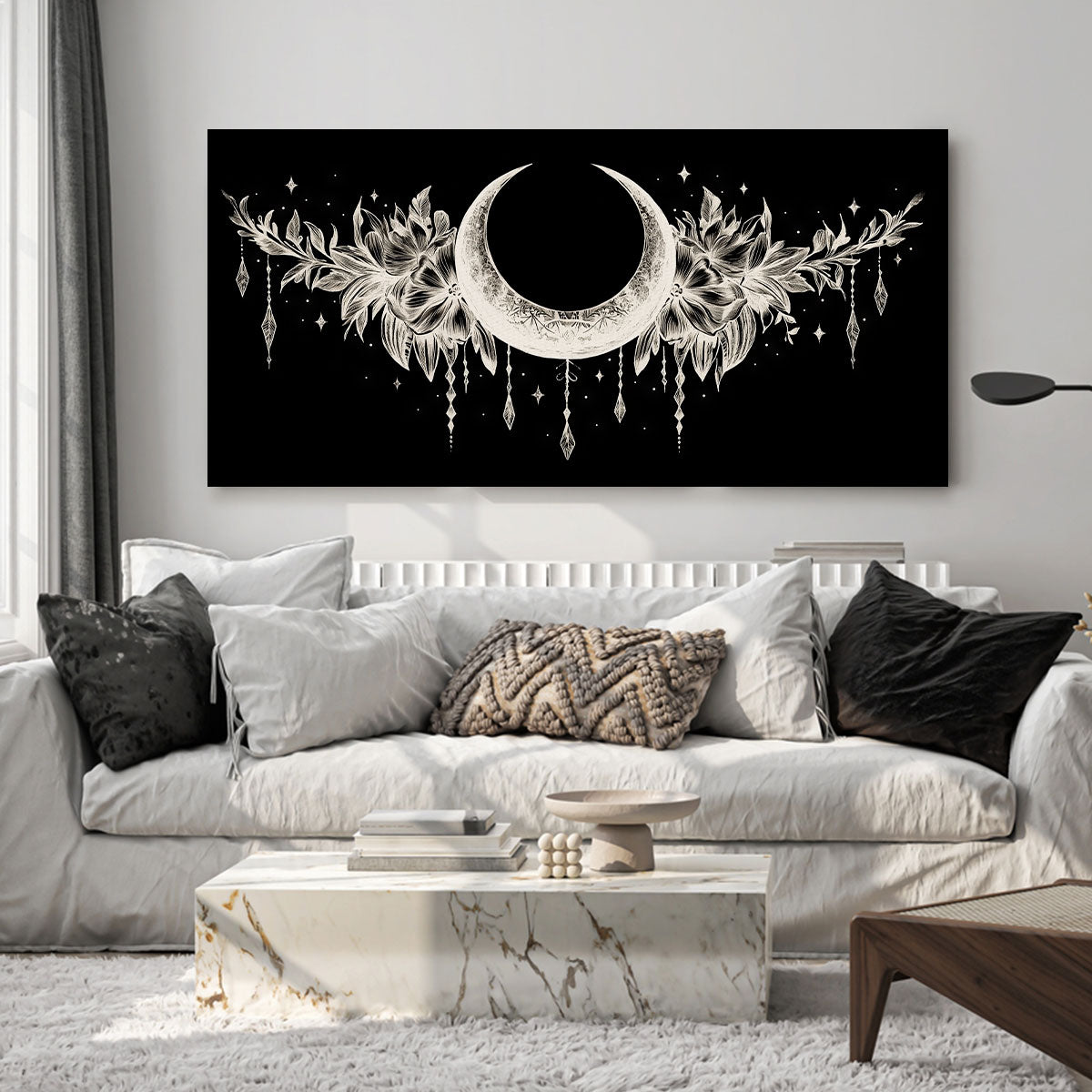 Crescent Moon and Floral Line Art Boho Canvas Wall Decor