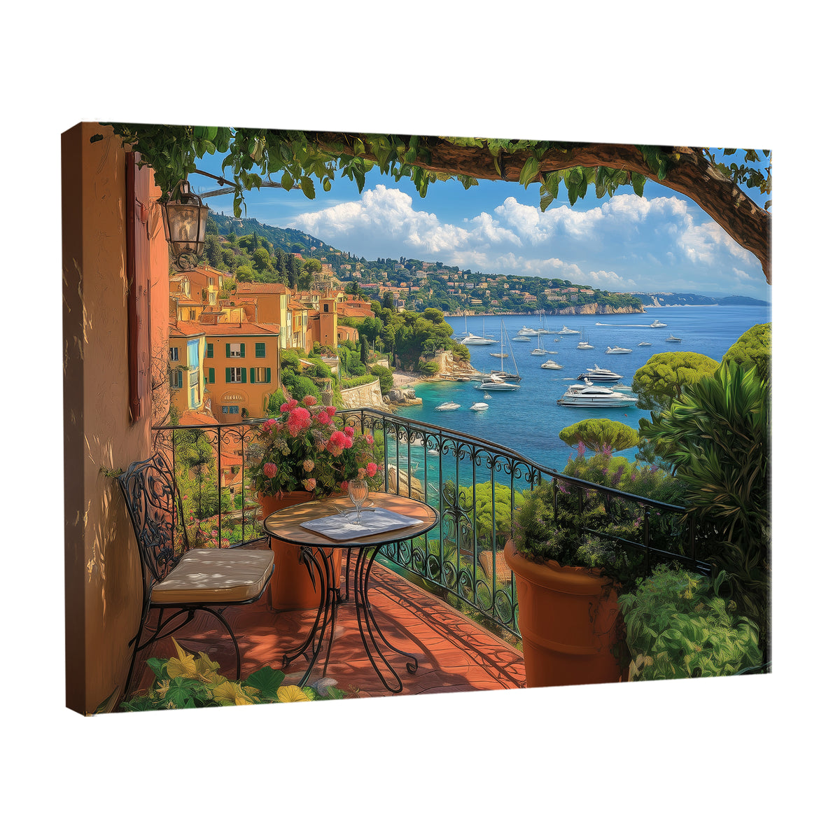 French Riviera Balcony View with Sea and Flowers Canvas