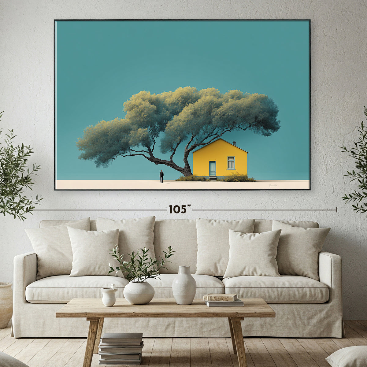 Tree and Yellow House Canvas Minimalist Wall Art