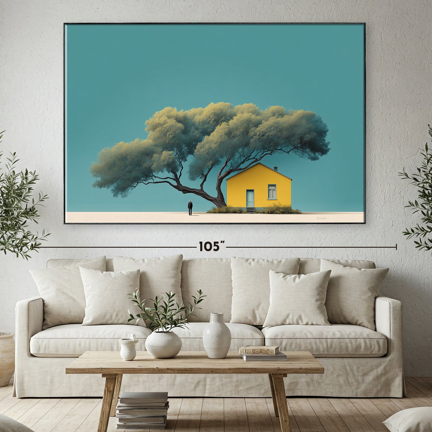 Tree and Yellow House Canvas Minimalist Wall Art