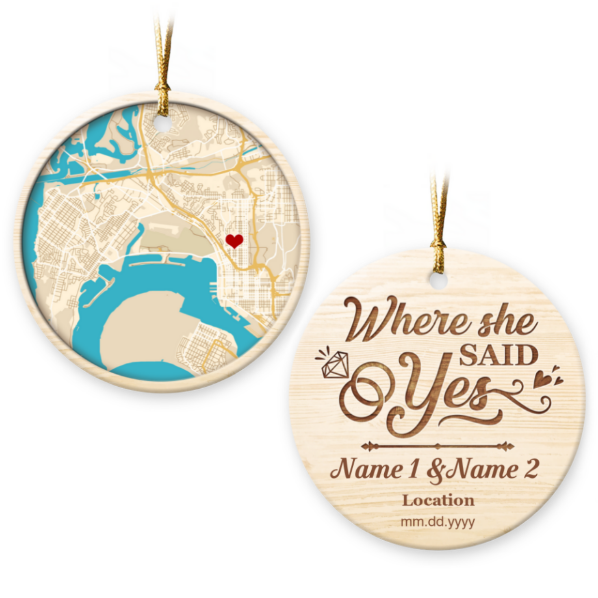 Custom Location Map Ornament Unique Newly Engaged Couple Gift