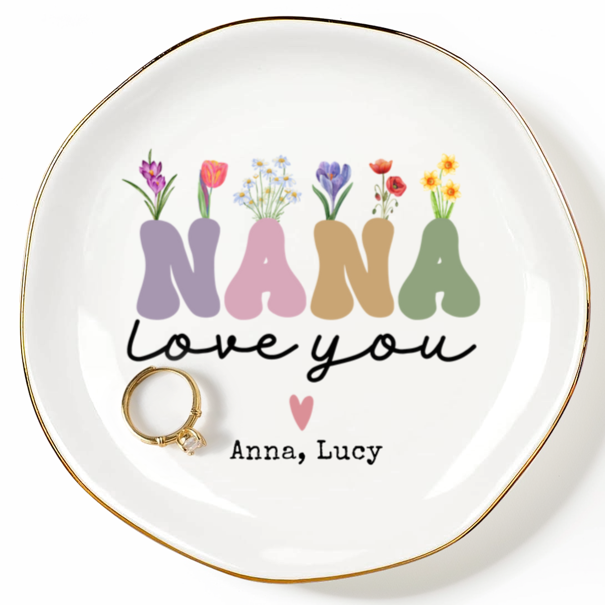 Personalized “Nana Love You” Floral Name Jewelry Dish – Custom Kids Names Gift for Mom