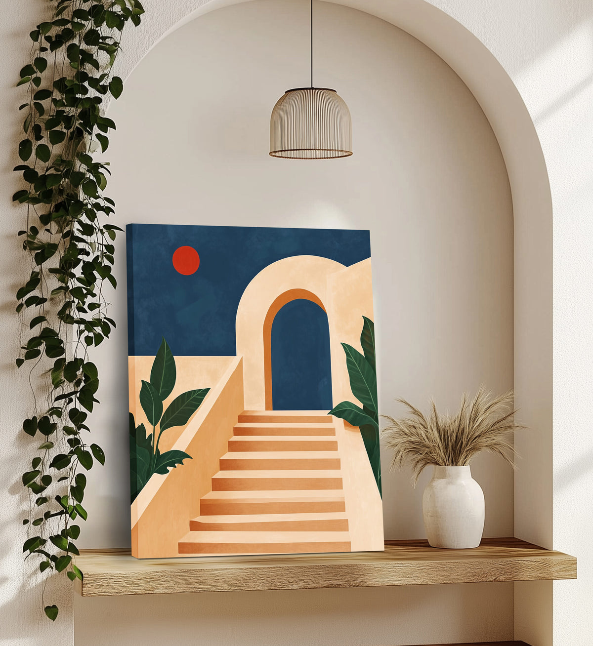 Abstract Boho Staircase Illustration Canvas in Beige Earth Tones
