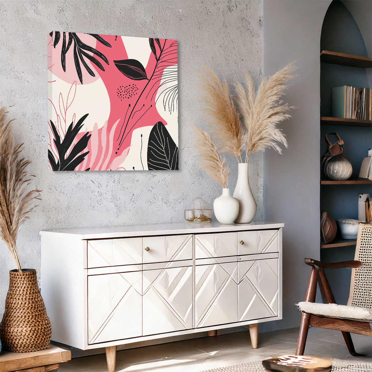 Pink Black Minimalist Leaf Pattern Canvas for Soft Interiors