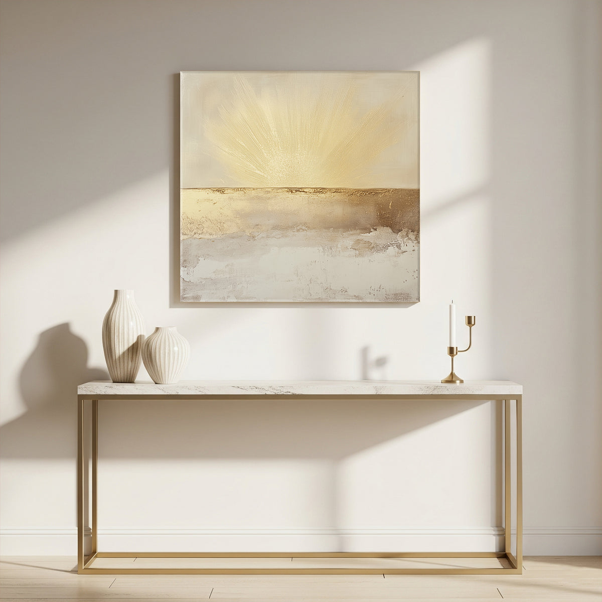 Golden Light Rays on Beige Horizon Abstract Canvas Print